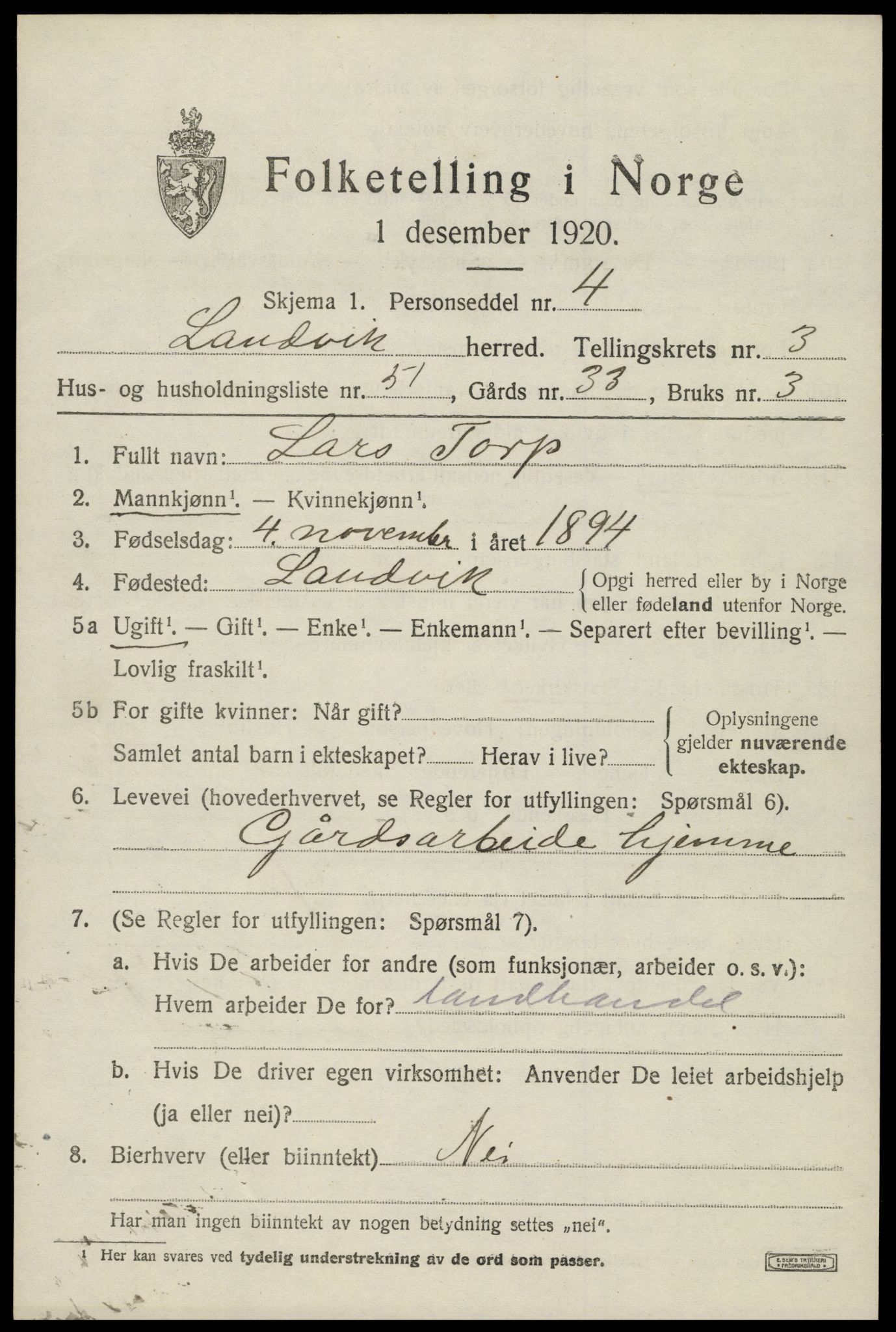 SAK, 1920 census for Landvik, 1920, p. 3396