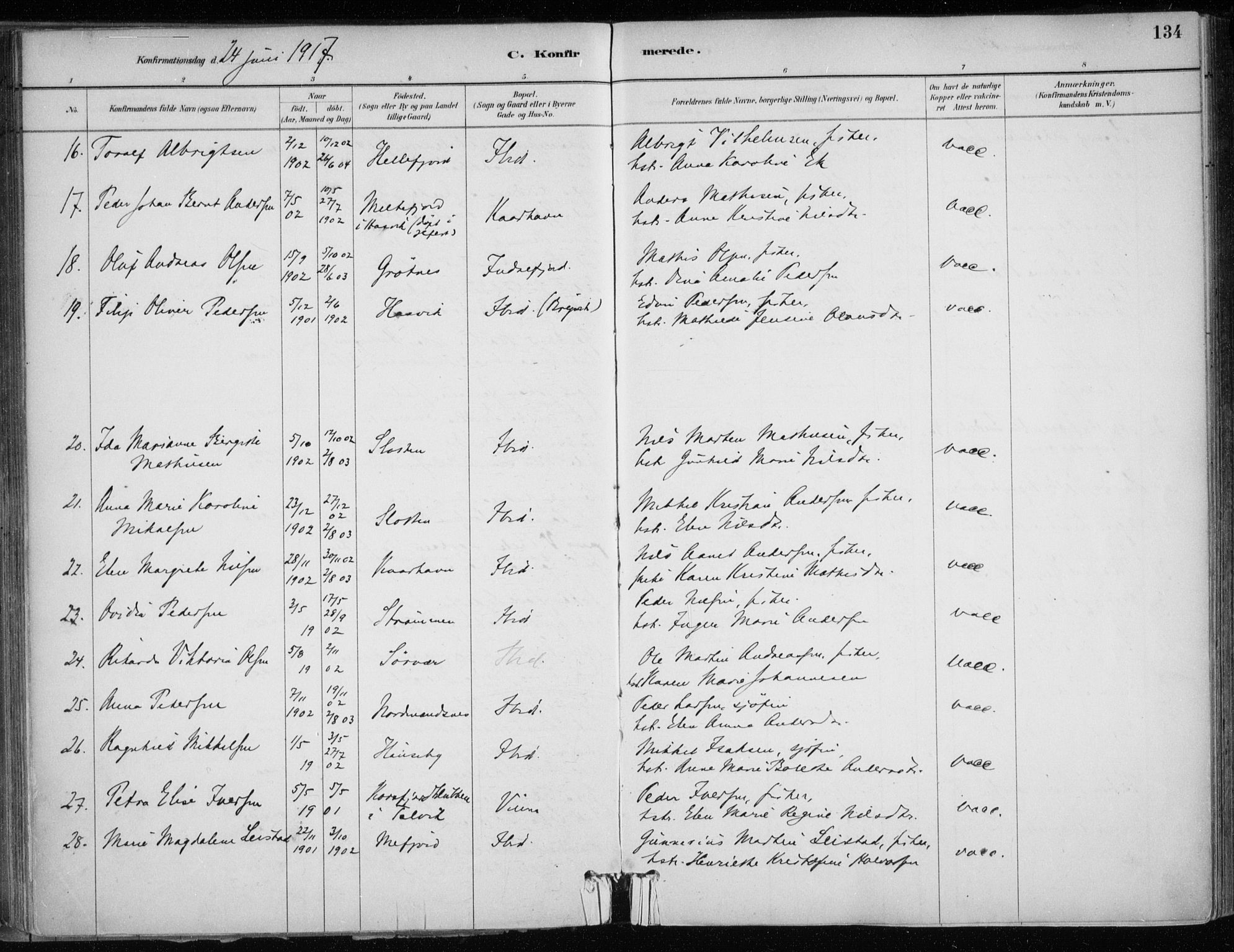 Hammerfest sokneprestkontor, SATØ/S-1347/H/Ha/L0013.kirke: Parish register (official) no. 13, 1898-1917, p. 134