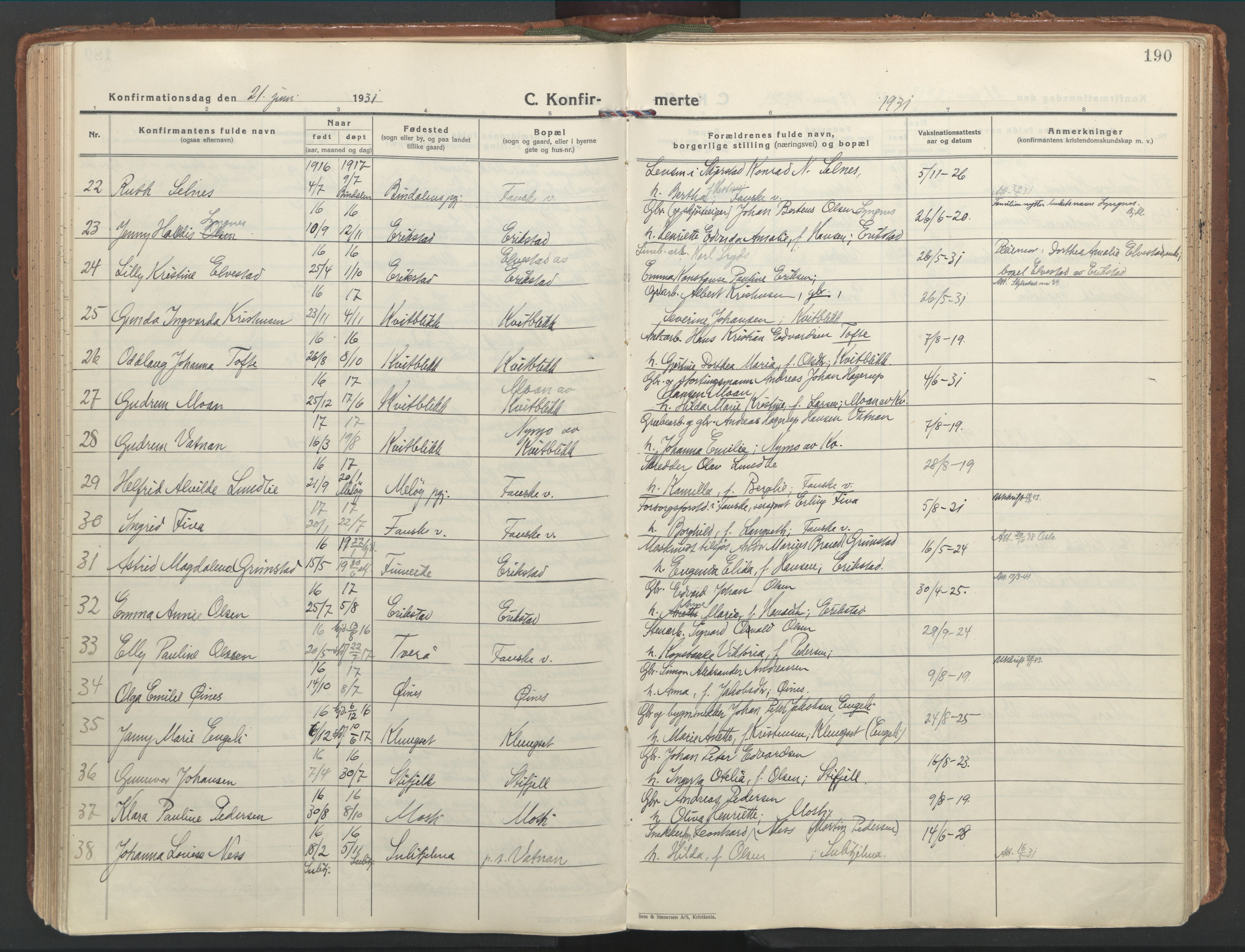 Ministerialprotokoller, klokkerbøker og fødselsregistre - Nordland, AV/SAT-A-1459/849/L0699: Parish register (official) no. 849A10, 1924-1937, p. 190