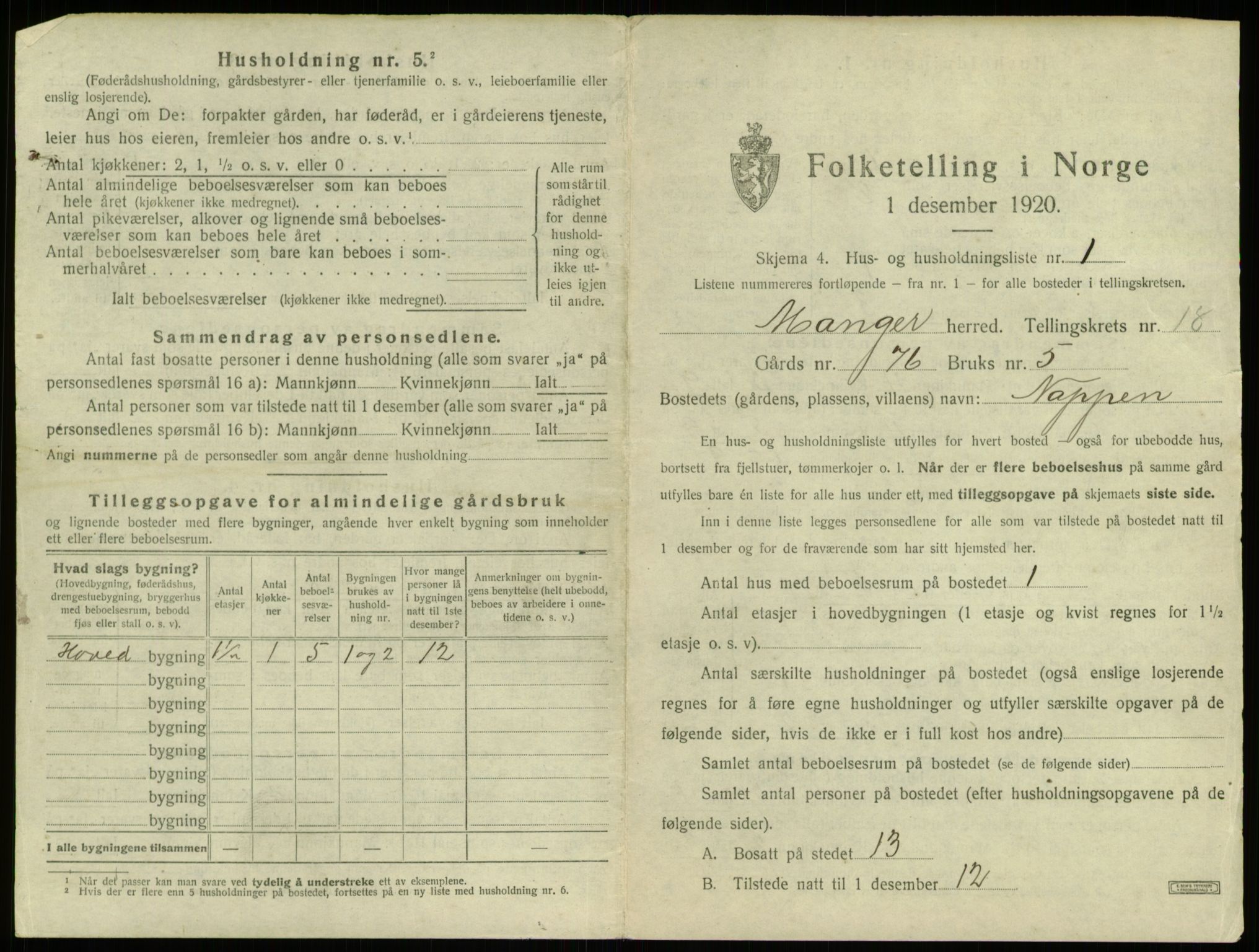 SAB, 1920 census for Manger, 1920, p. 1367