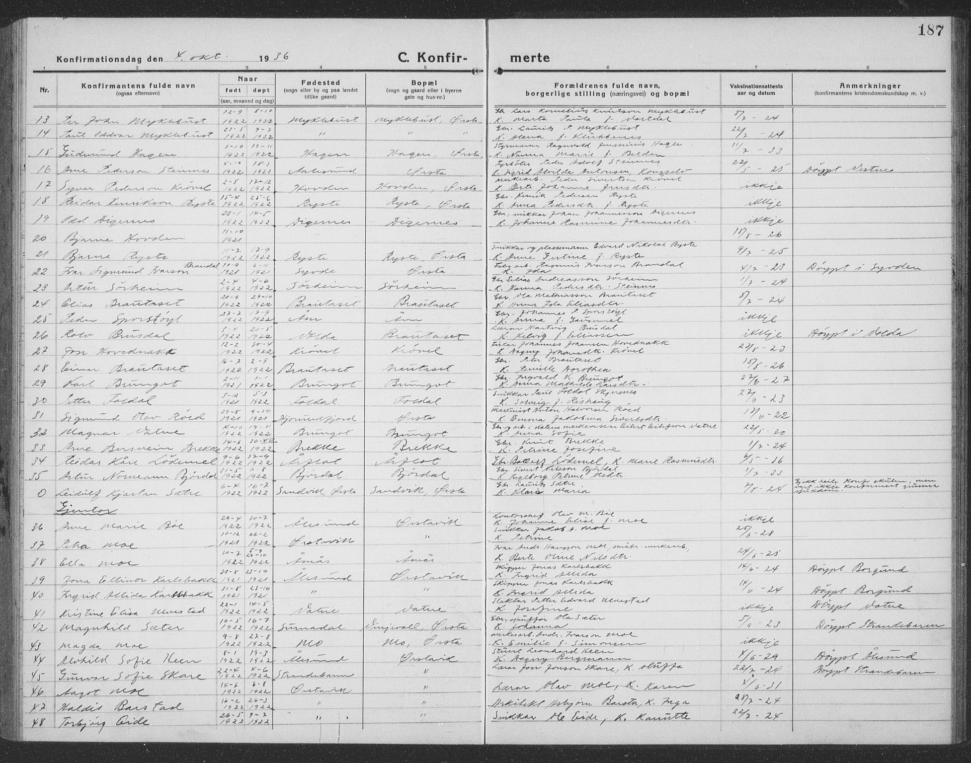 Ministerialprotokoller, klokkerbøker og fødselsregistre - Møre og Romsdal, SAT/A-1454/513/L0191: Parish register (copy) no. 513C05, 1920-1941, p. 187