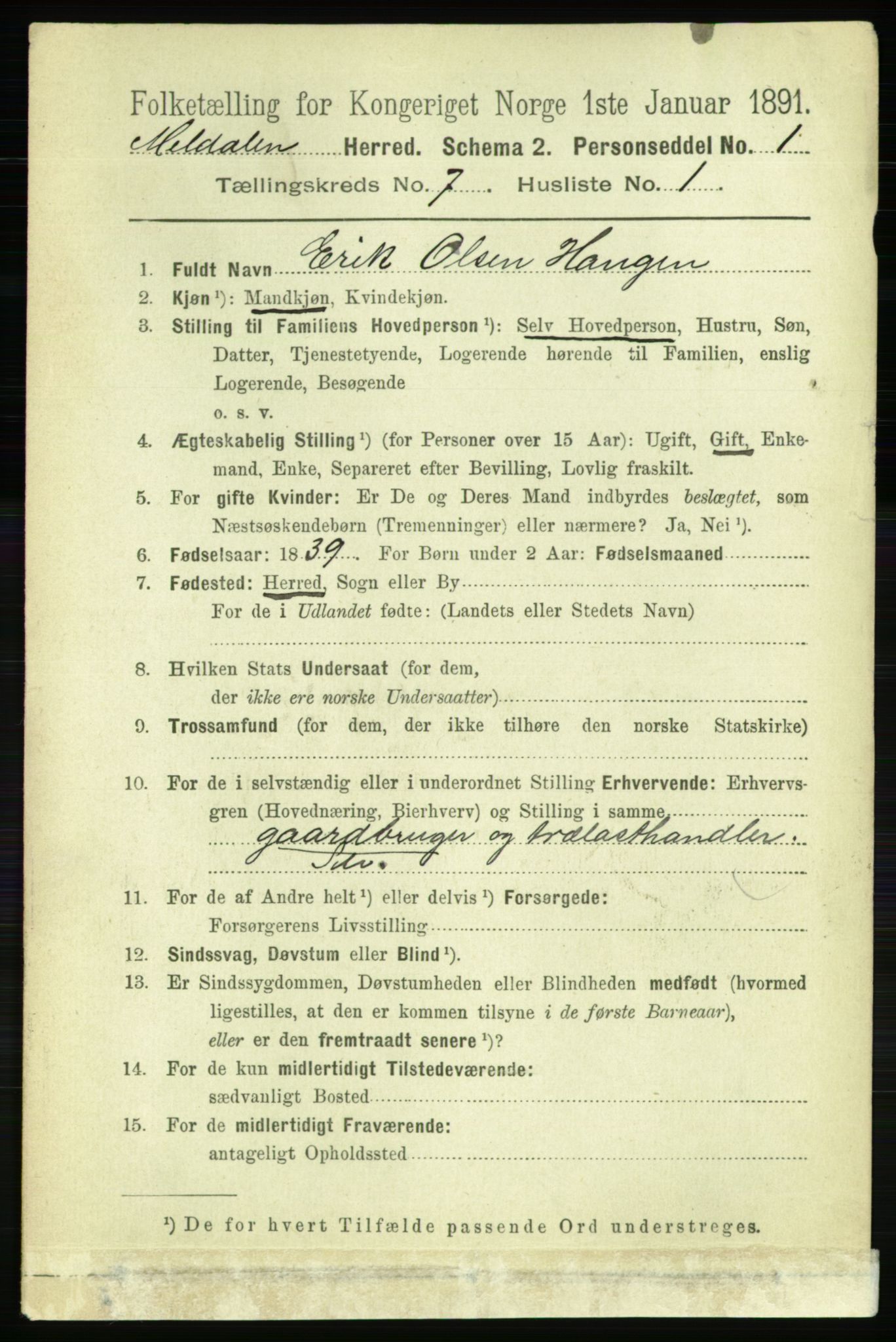 RA, 1891 census for 1636 Meldal, 1891, p. 3410