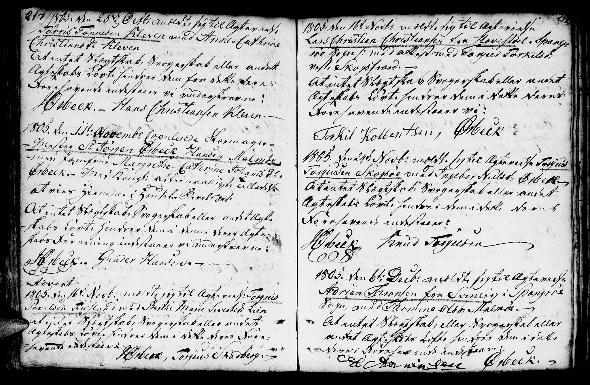 Mandal sokneprestkontor, AV/SAK-1111-0030/F/Fa/Faa/L0007: Parish register (official) no. A 7, 1783-1818, p. 217-218