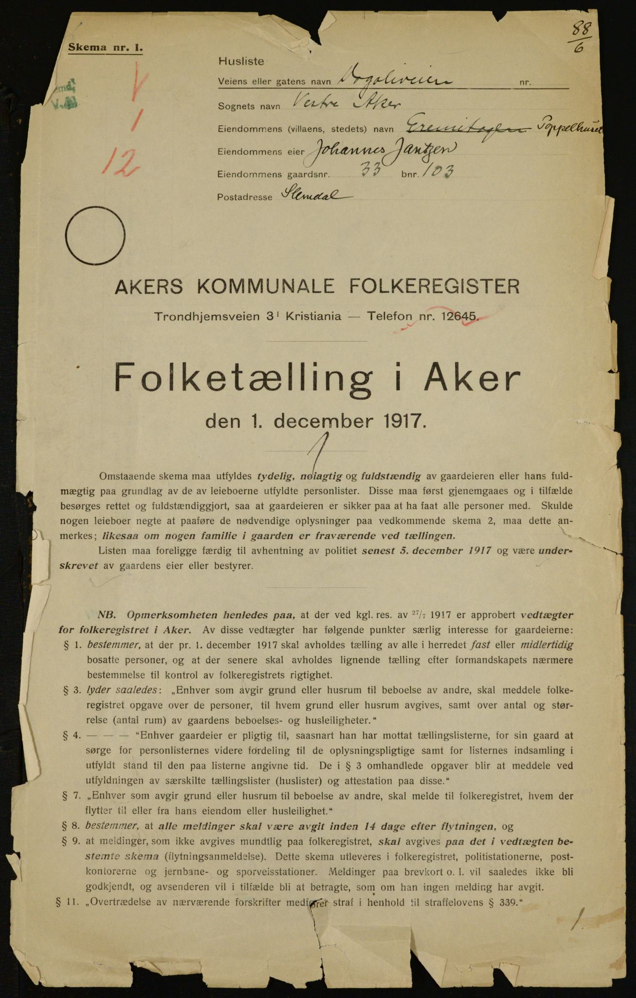 OBA, Municipal Census 1917 for Aker, 1917, p. 7320