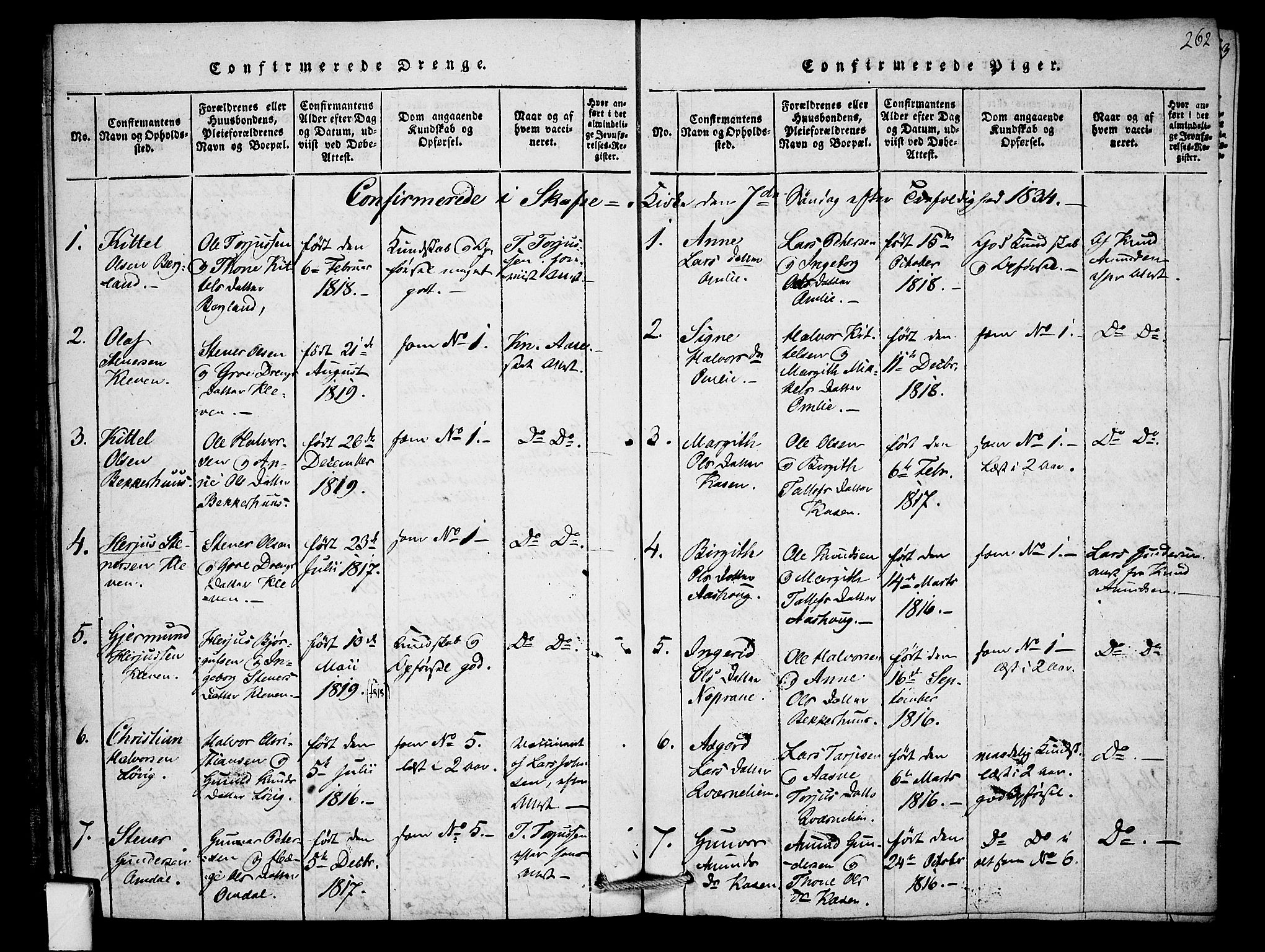 Mo kirkebøker, SAKO/A-286/F/Fb/L0001: Parish register (official) no. II 1, 1814-1844, p. 262