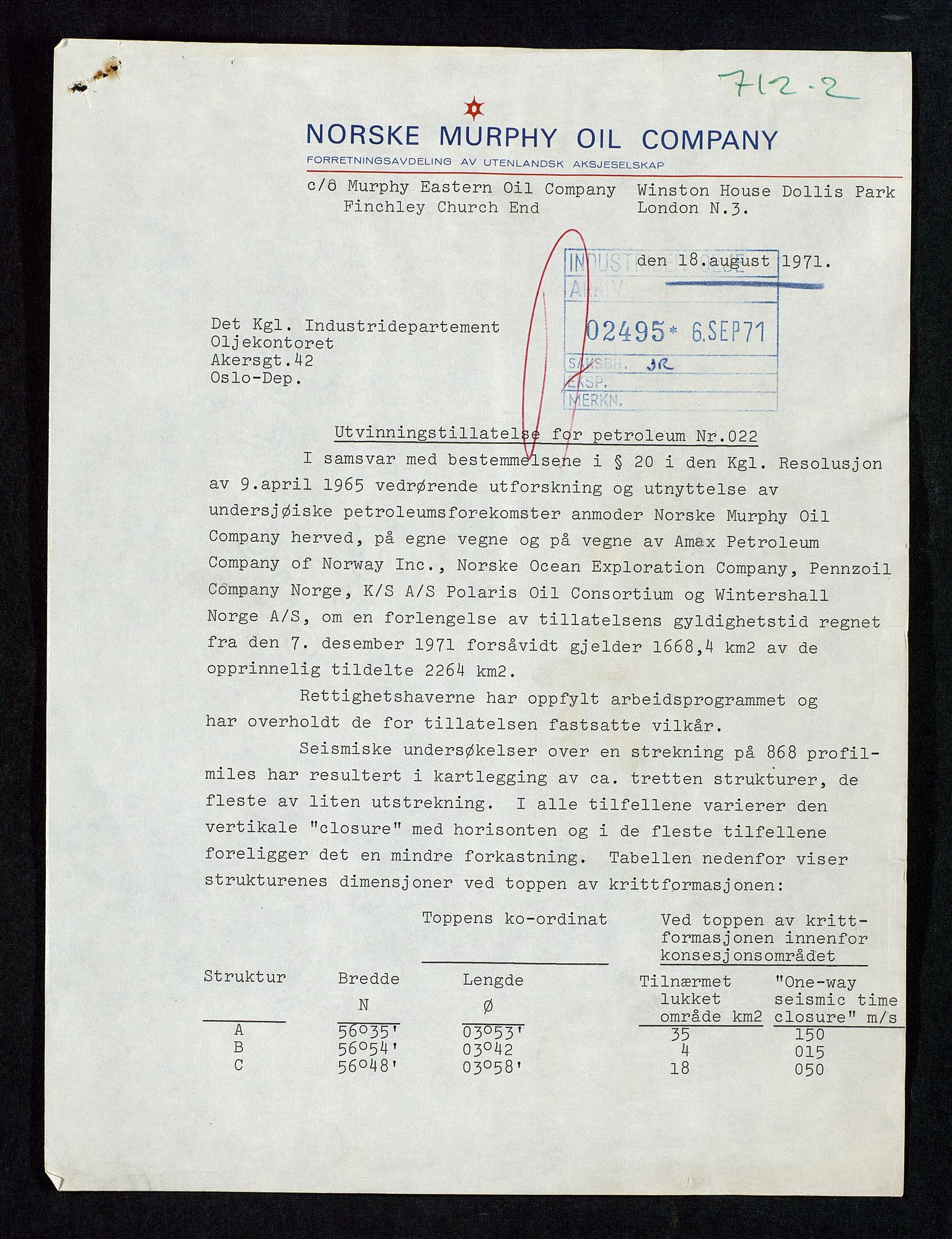 Industridepartementet, Oljekontoret, AV/SAST-A-101348/Da/L0002: Arkivnøkkel 711 Undersøkelses- og utvinningstillatelser, 1964-1974, p. 3