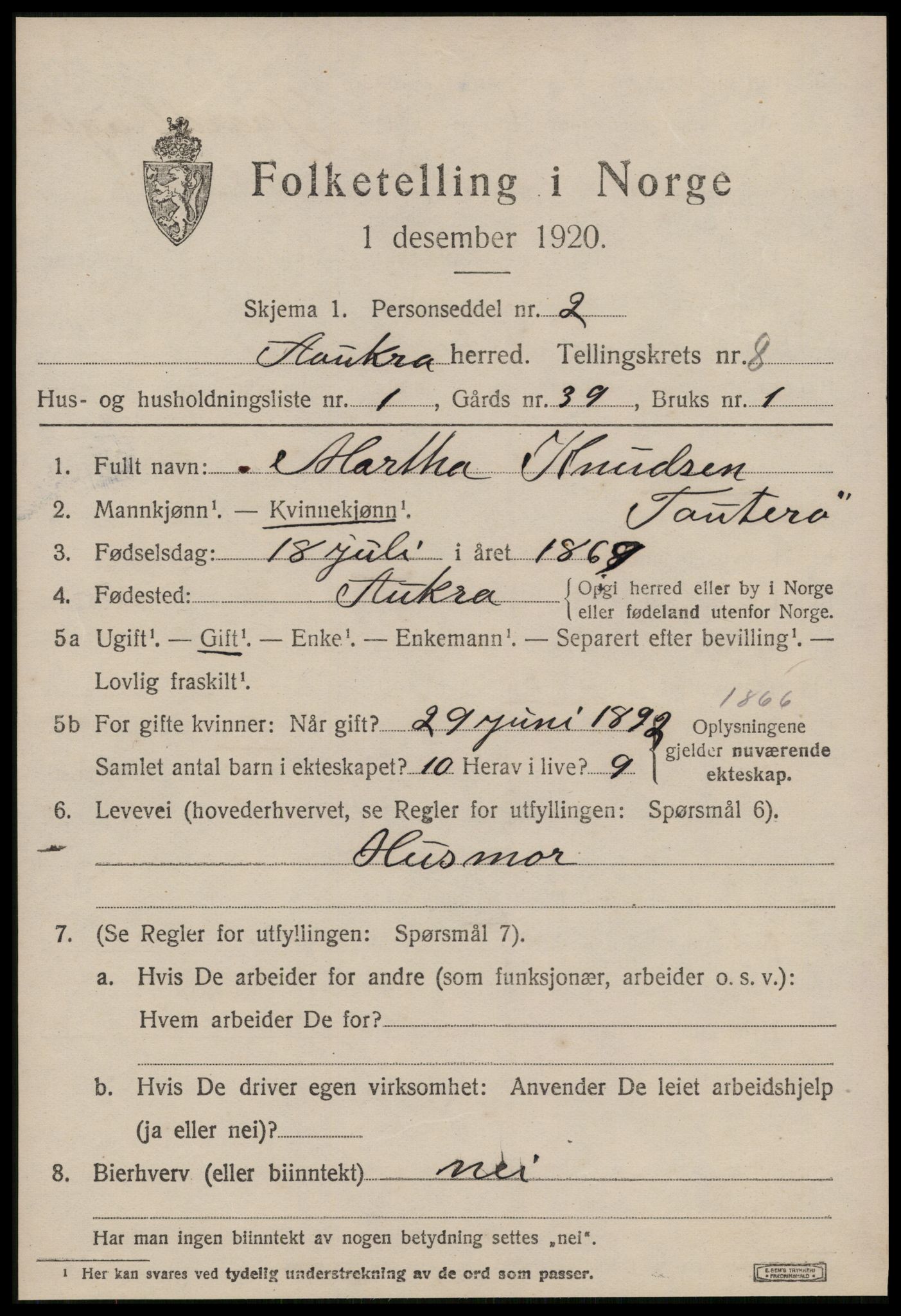 SAT, 1920 census for Aukra, 1920, p. 4471