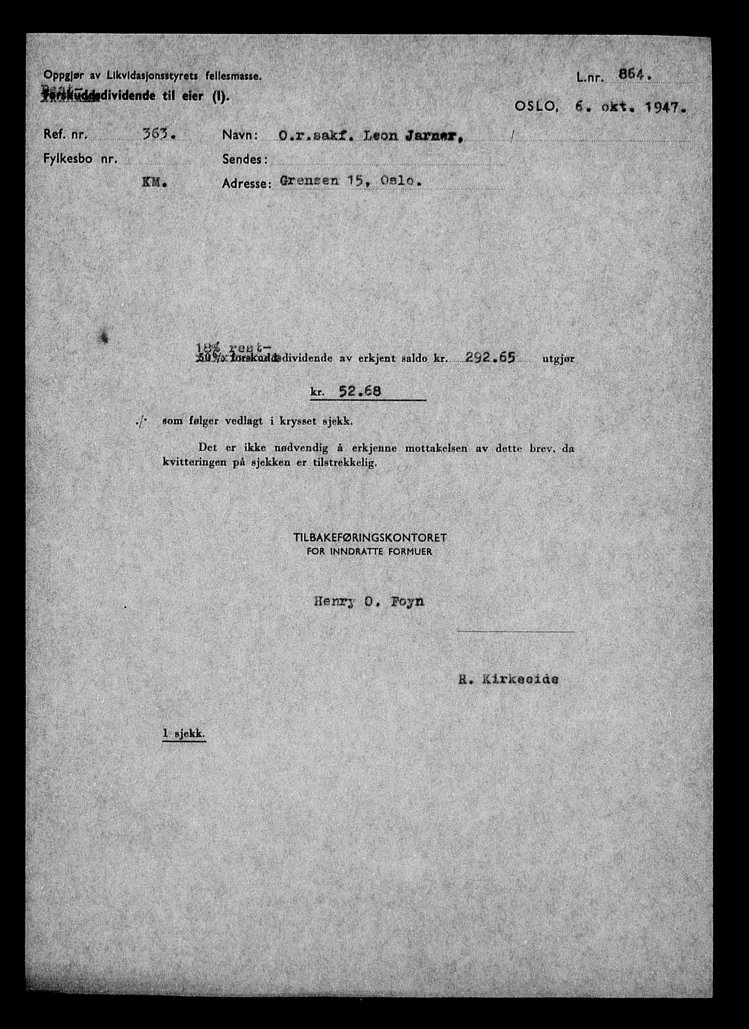 Justisdepartementet, Tilbakeføringskontoret for inndratte formuer, AV/RA-S-1564/H/Hc/Hcc/L0947: --, 1945-1947, p. 164