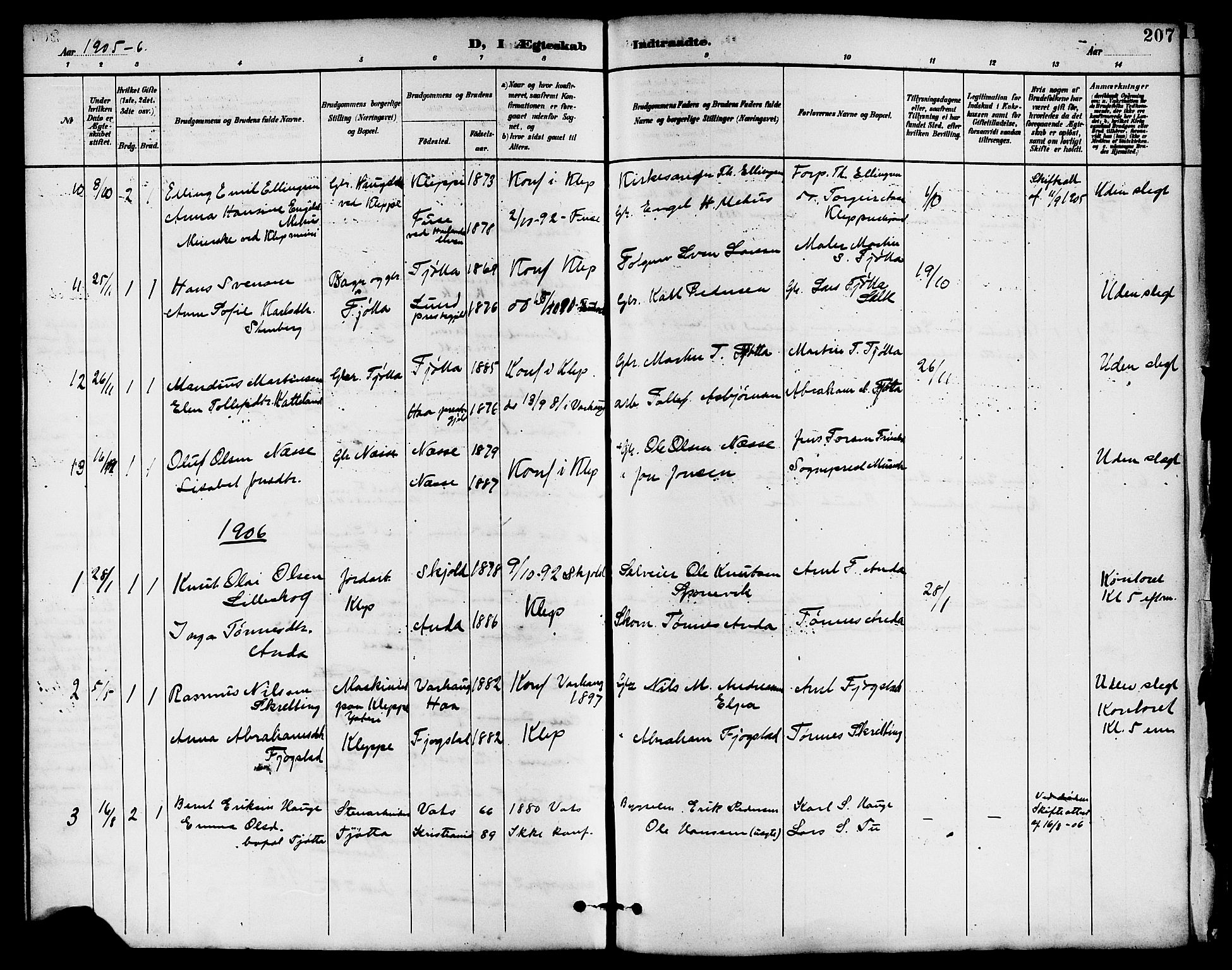 Klepp sokneprestkontor, SAST/A-101803/001/3/30BB/L0004: Parish register (copy) no. B 4, 1889-1914, p. 207