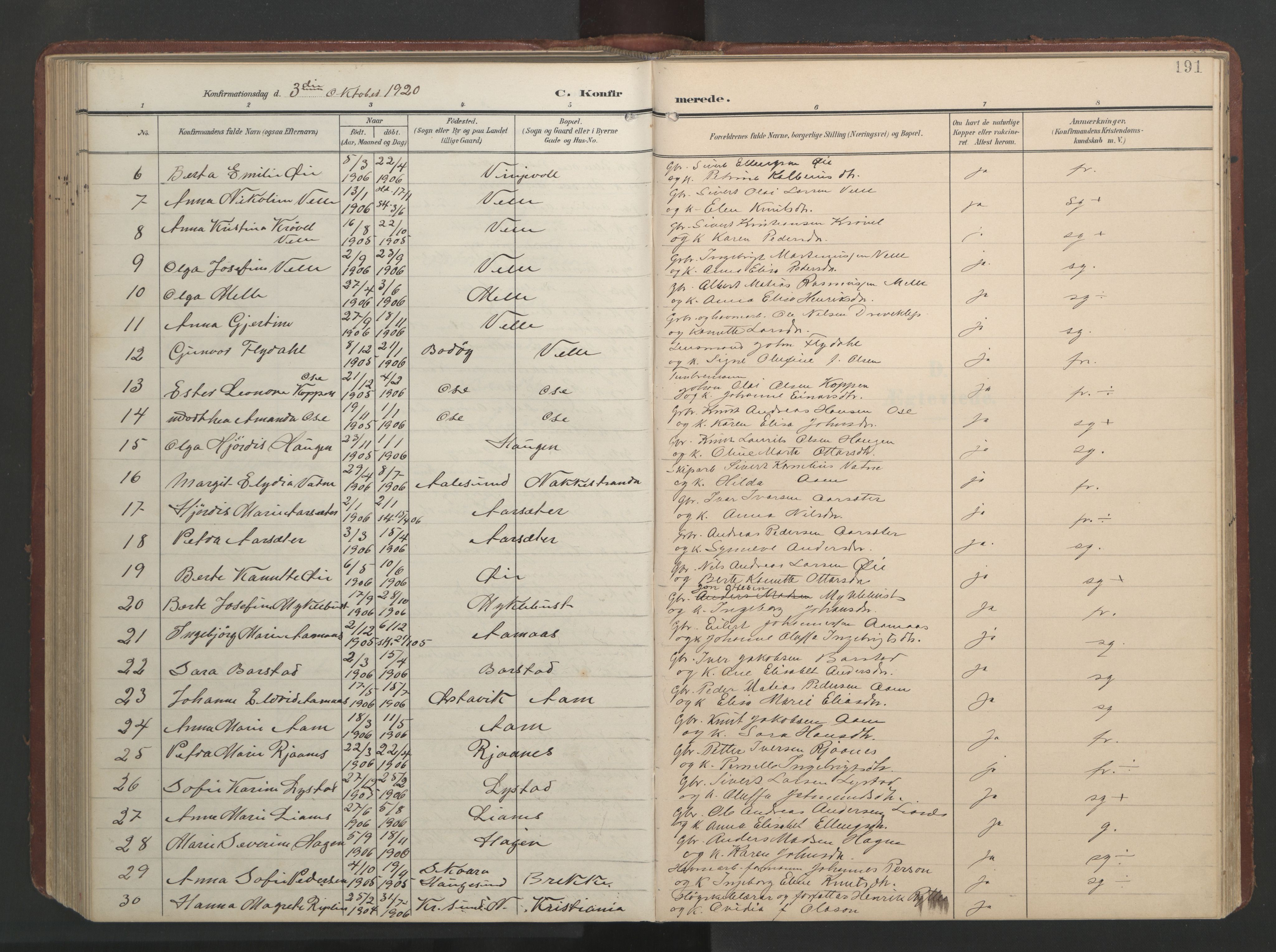 Ministerialprotokoller, klokkerbøker og fødselsregistre - Møre og Romsdal, AV/SAT-A-1454/513/L0190: Parish register (copy) no. 513C04, 1904-1926, p. 191