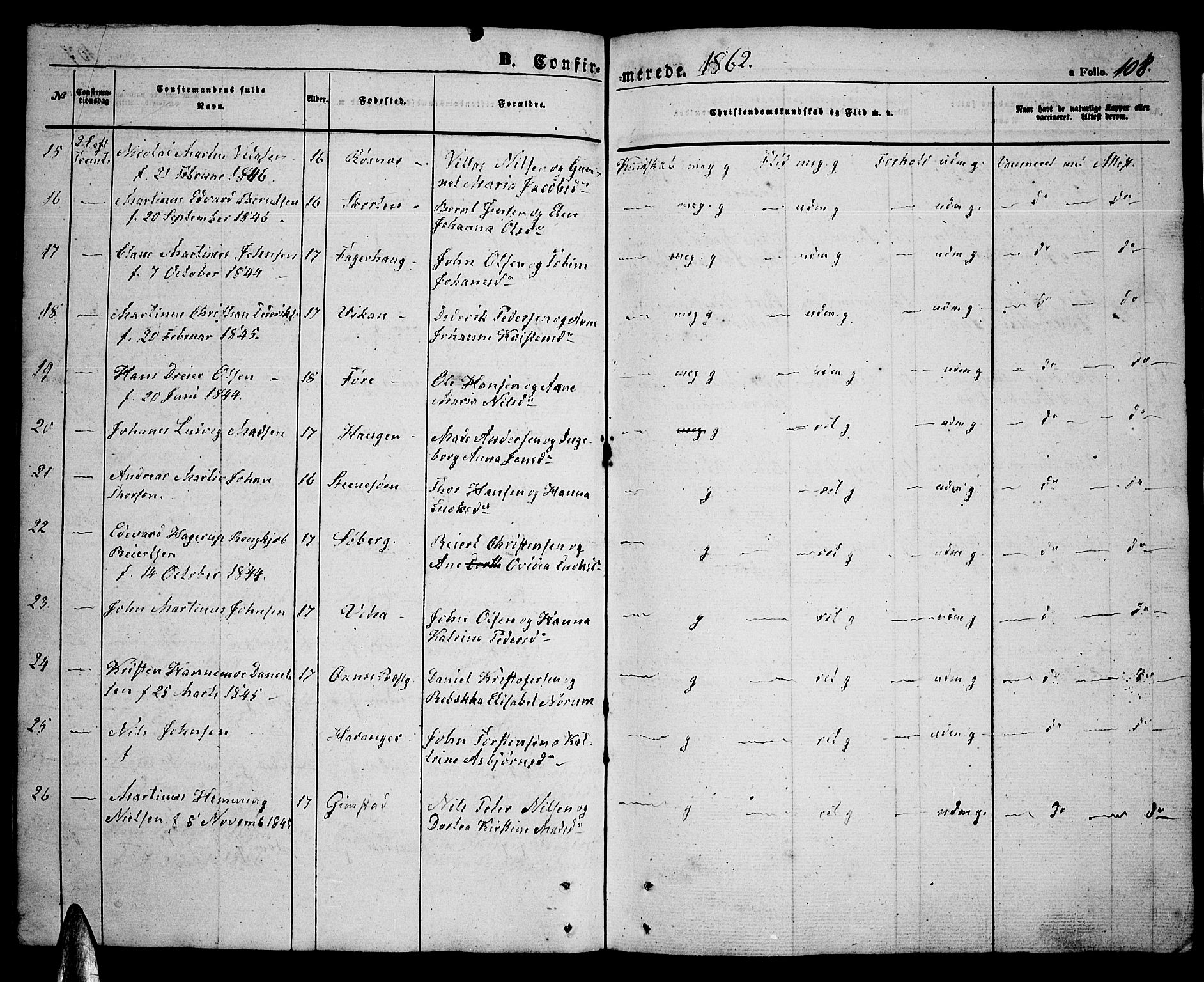 Ministerialprotokoller, klokkerbøker og fødselsregistre - Nordland, SAT/A-1459/891/L1313: Parish register (copy) no. 891C02, 1856-1870, p. 108