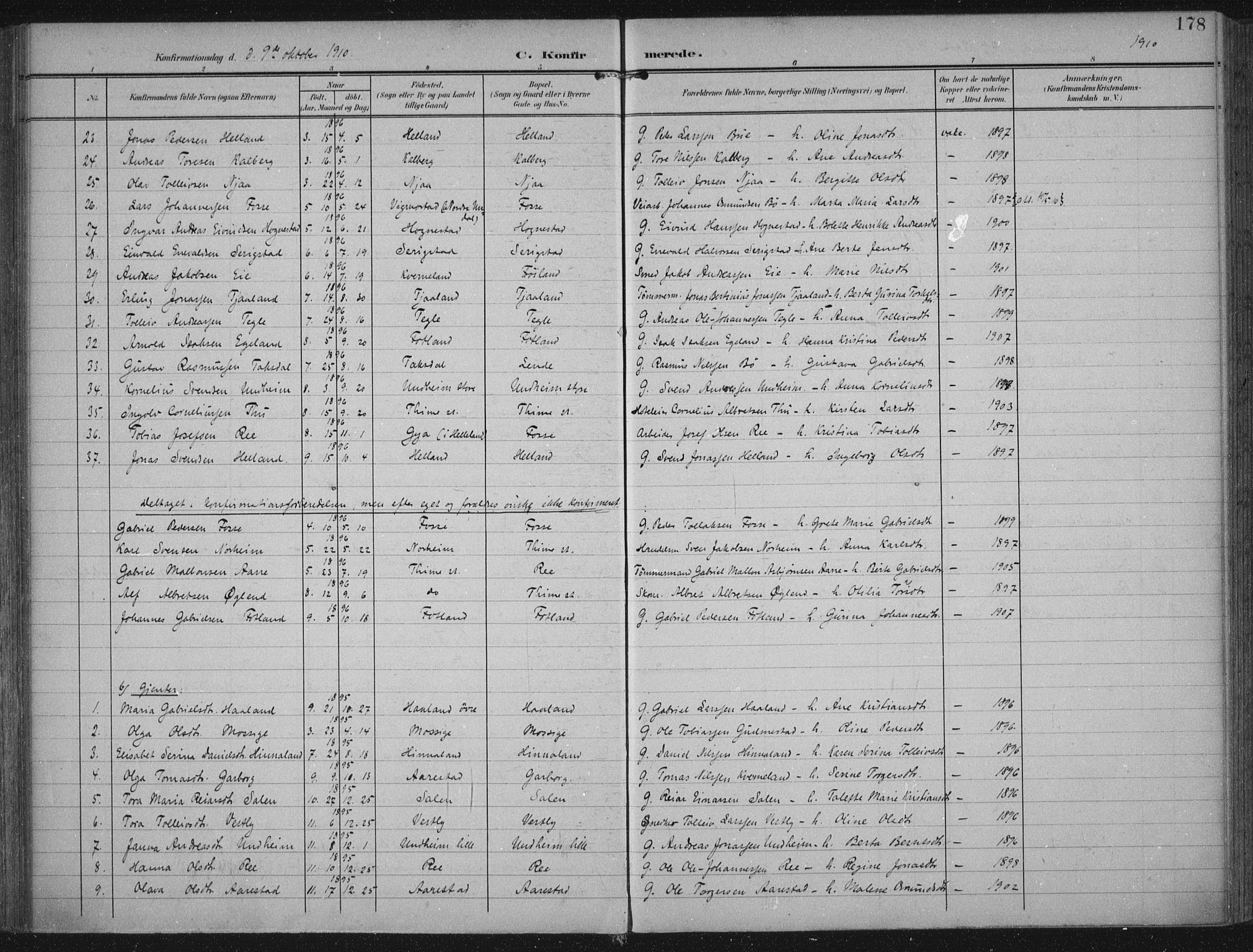 Lye sokneprestkontor, AV/SAST-A-101794/002/A/L0001: Parish register (official) no. A 12, 1904-1920, p. 178