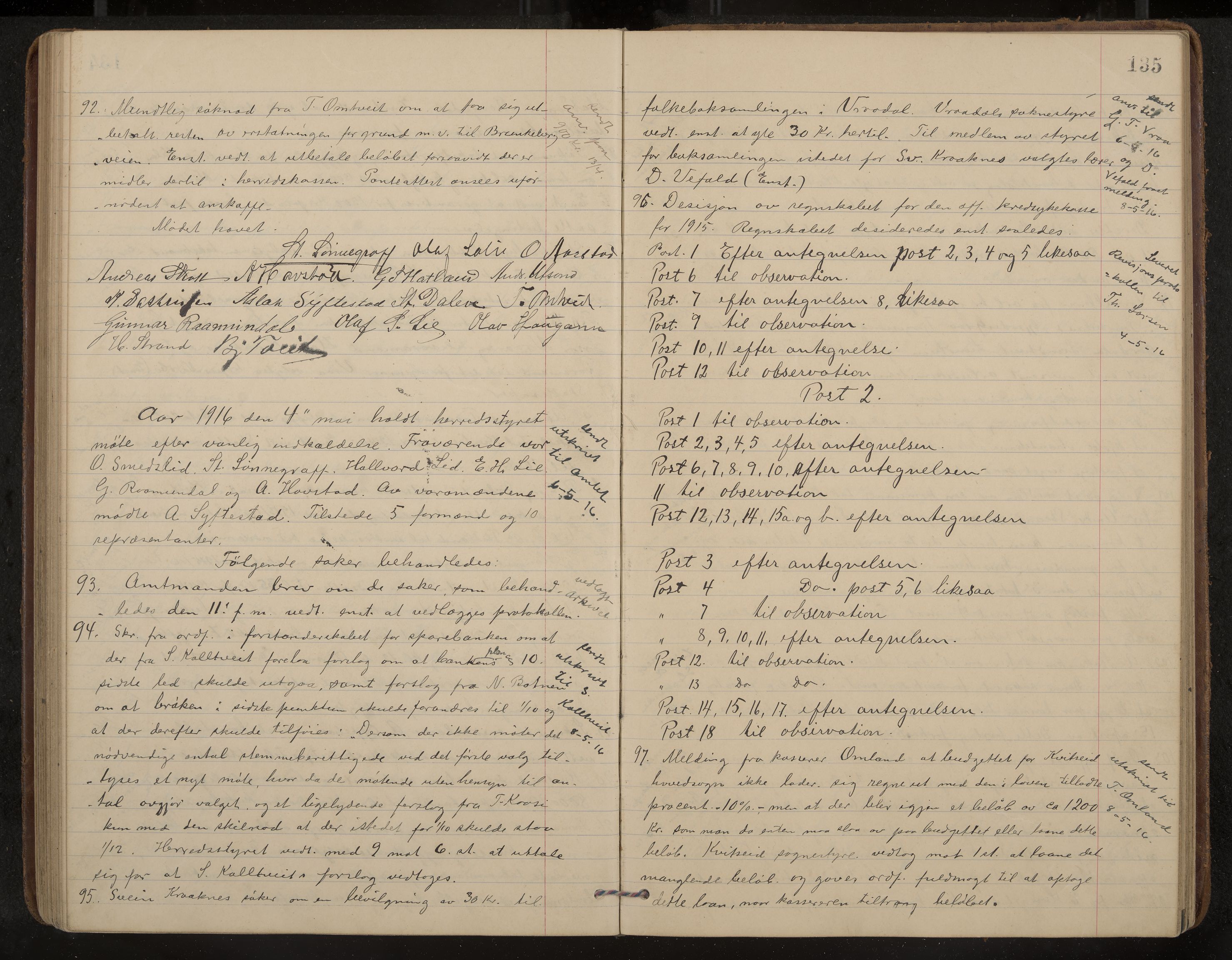 Kviteseid formannskap og sentraladministrasjon, IKAK/0829021/A/Aa/L0005: Møtebok, 1911-1918, p. 135