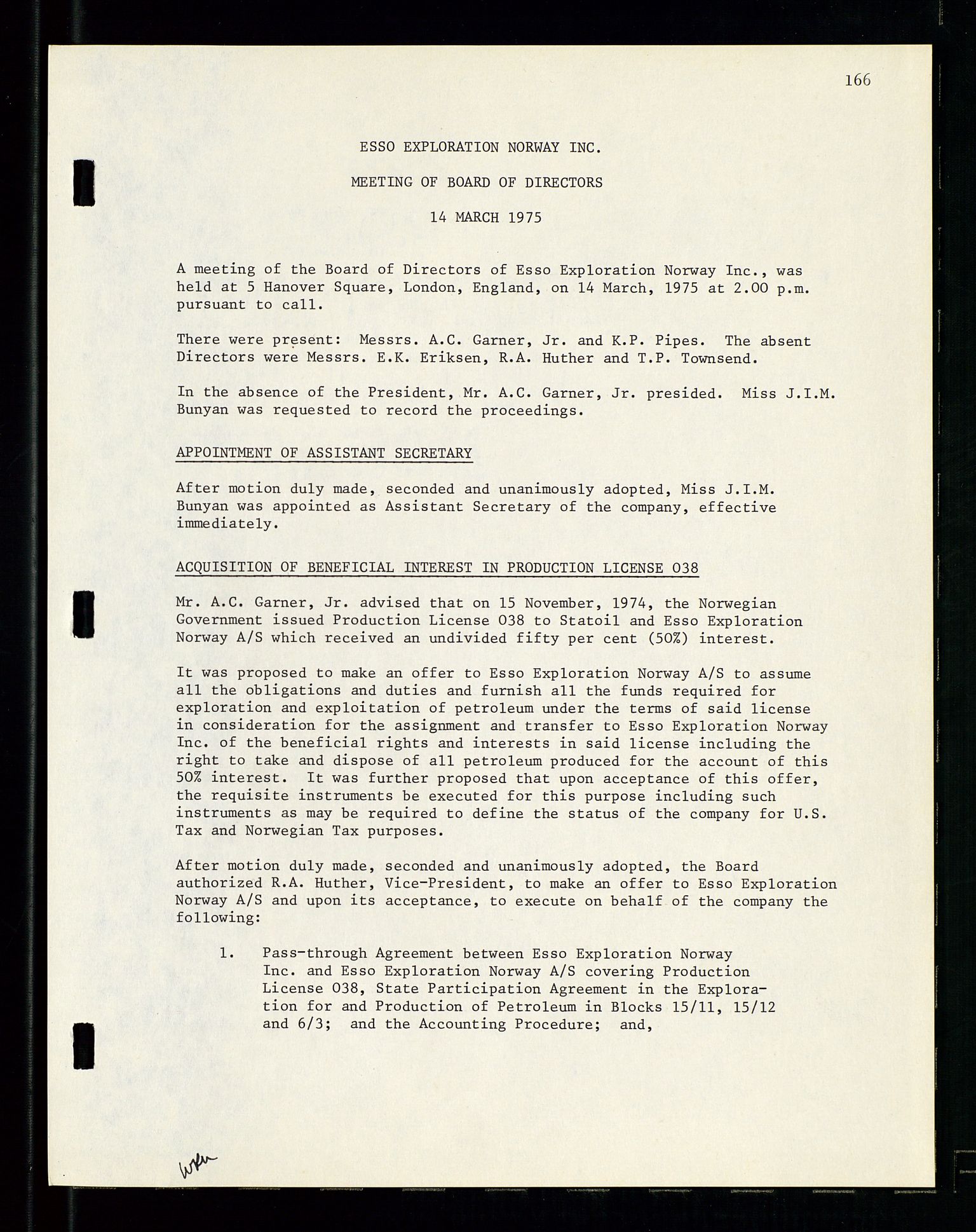 Pa 1512 - Esso Exploration and Production Norway Inc., AV/SAST-A-101917/A/Aa/L0001/0001: Styredokumenter / Corporate records, By-Laws, Board meeting minutes, Incorporations, 1965-1975, p. 166