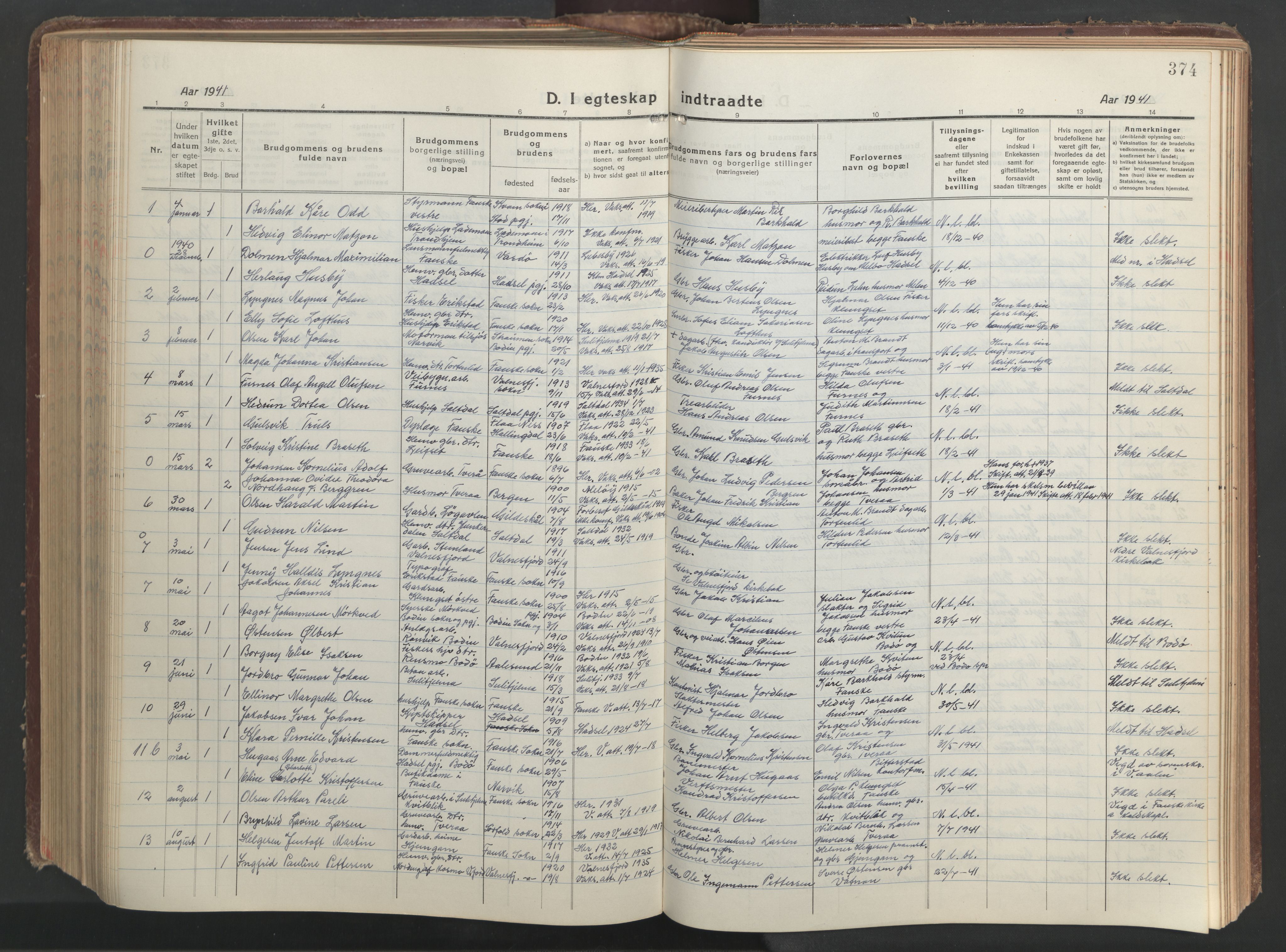 Ministerialprotokoller, klokkerbøker og fødselsregistre - Nordland, AV/SAT-A-1459/849/L0700: Parish register (copy) no. 849C01, 1919-1946, p. 374