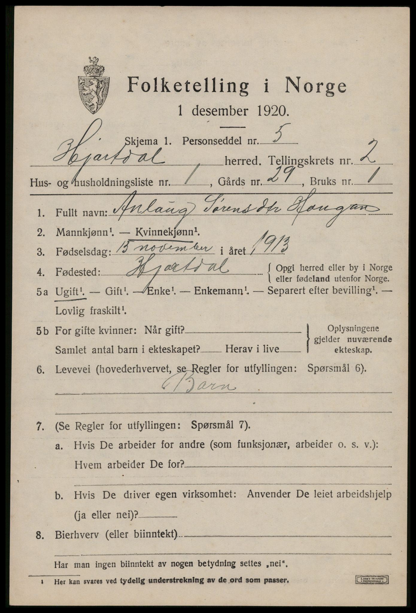 SAKO, 1920 census for Hjartdal, 1920, p. 1838