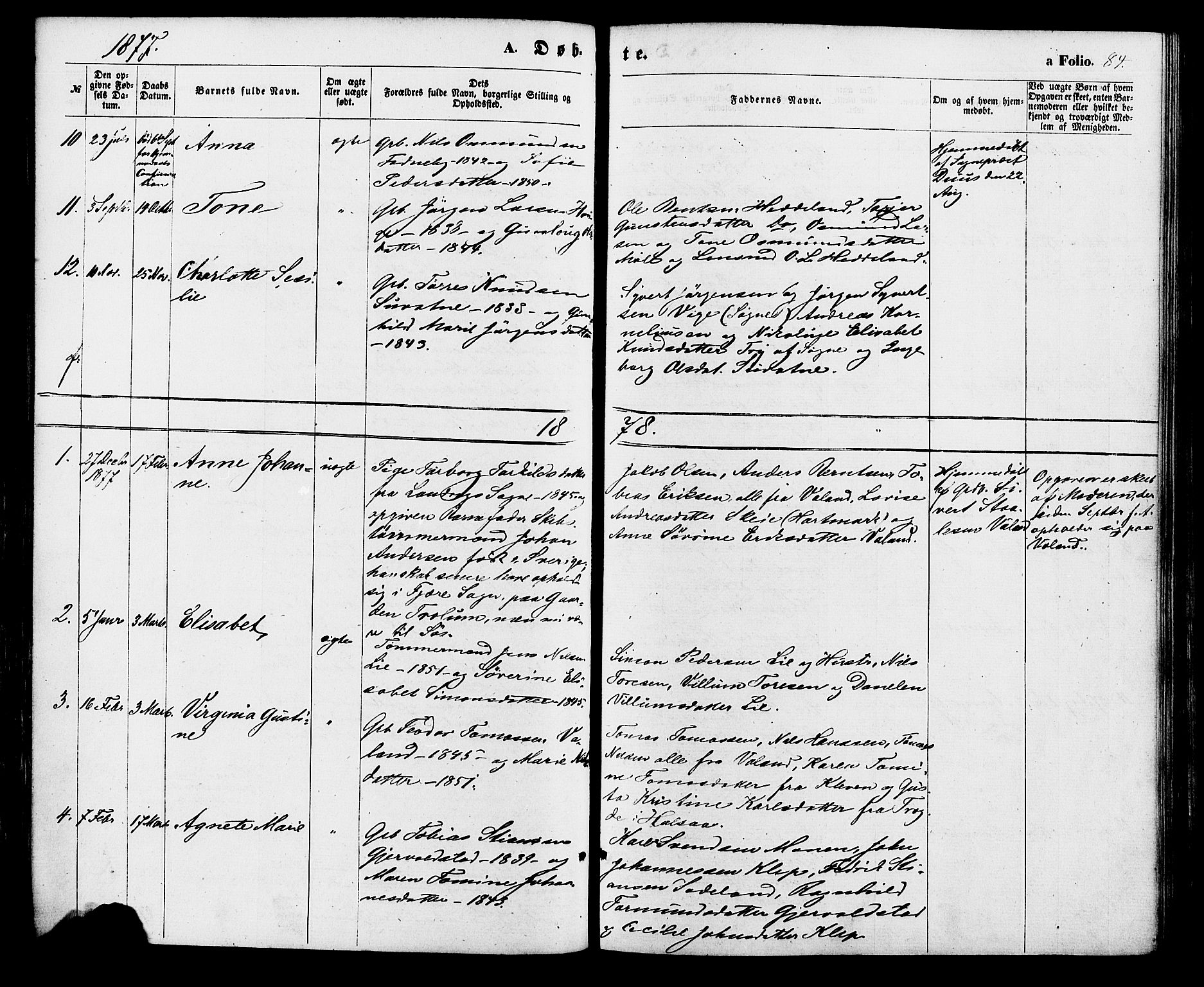 Holum sokneprestkontor, AV/SAK-1111-0022/F/Fa/Faa/L0006: Parish register (official) no. A 6, 1865-1883, p. 84