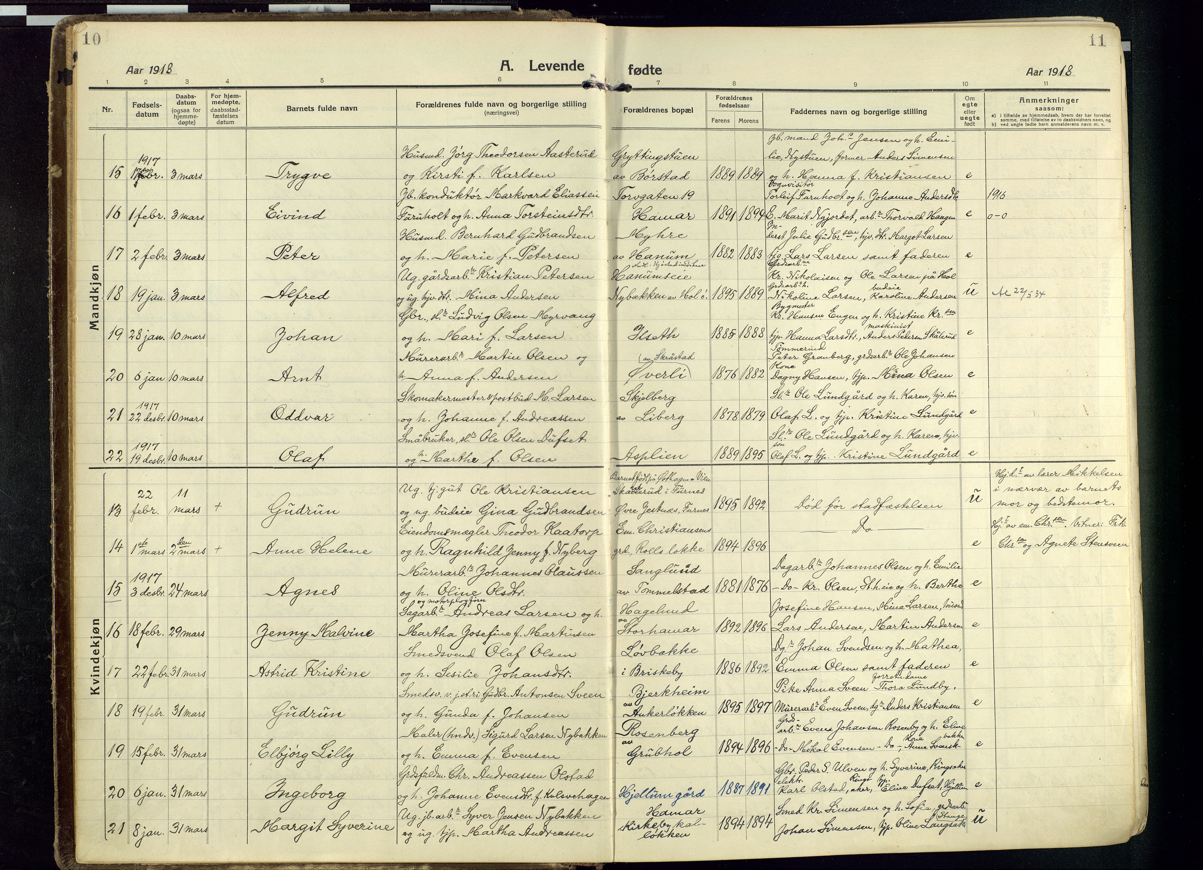 Vang prestekontor, Hedmark, SAH/PREST-008/H/Ha/Haa/L0022: Parish register (official) no. 22, 1918-1944, p. 10-11
