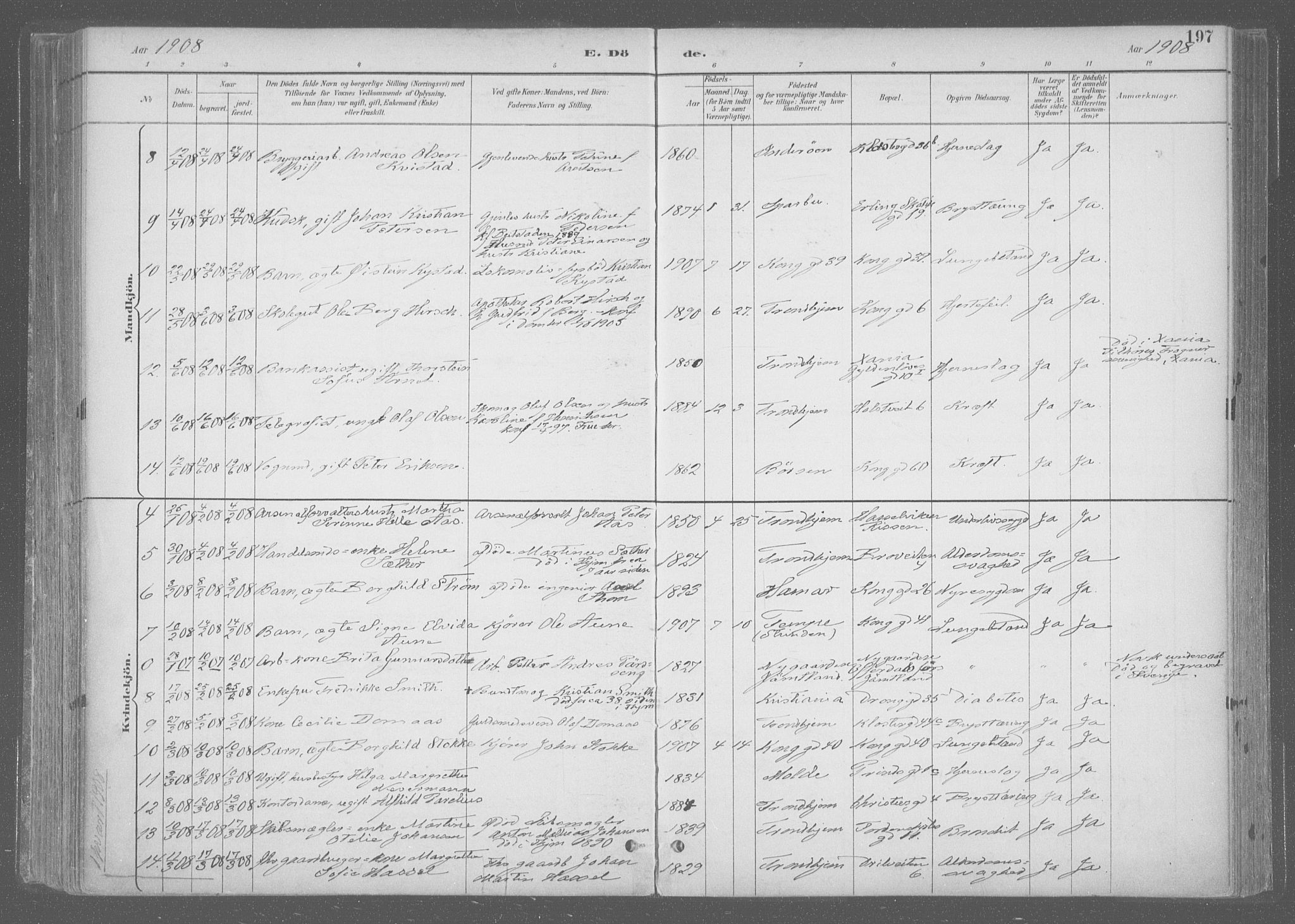 Ministerialprotokoller, klokkerbøker og fødselsregistre - Sør-Trøndelag, SAT/A-1456/601/L0064: Parish register (official) no. 601A31, 1891-1911, p. 197