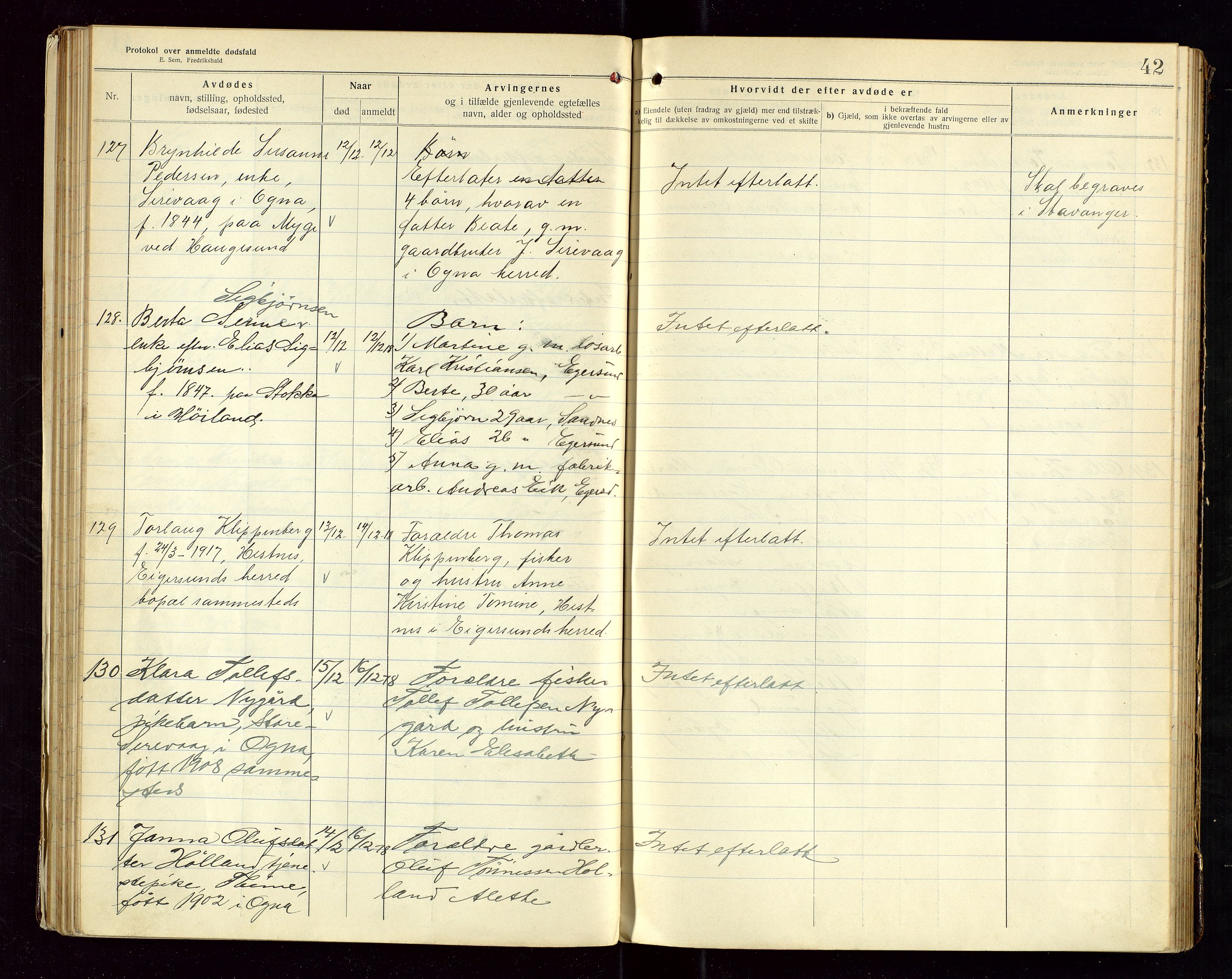 Eigersund lensmannskontor, AV/SAST-A-100171/Gga/L0007: "Protokol over anmeldte dødsfald" m/alfabetisk navneregister, 1917-1920, p. 42
