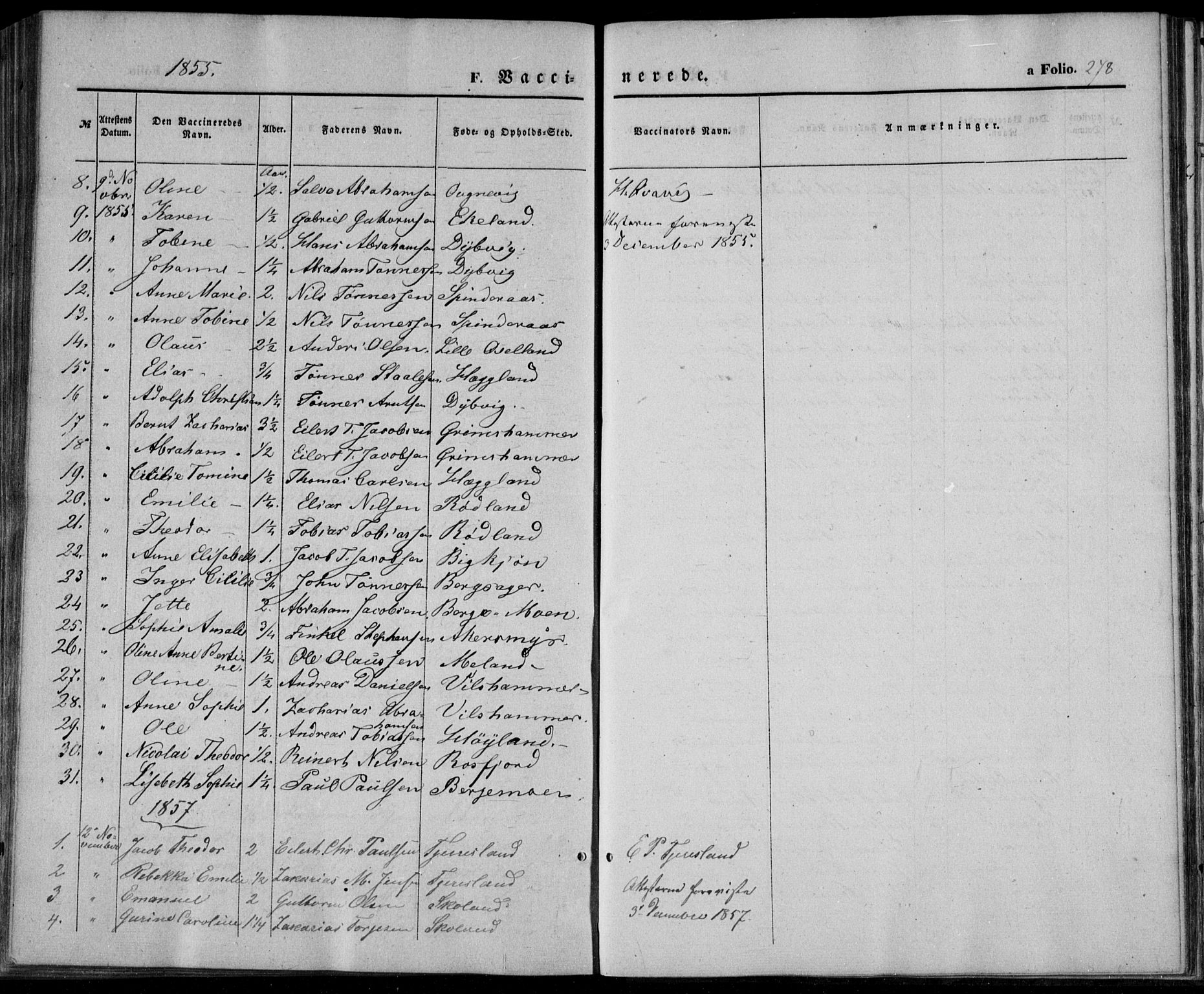 Lyngdal sokneprestkontor, SAK/1111-0029/F/Fa/Fac/L0009: Parish register (official) no. A 9, 1852-1864, p. 278