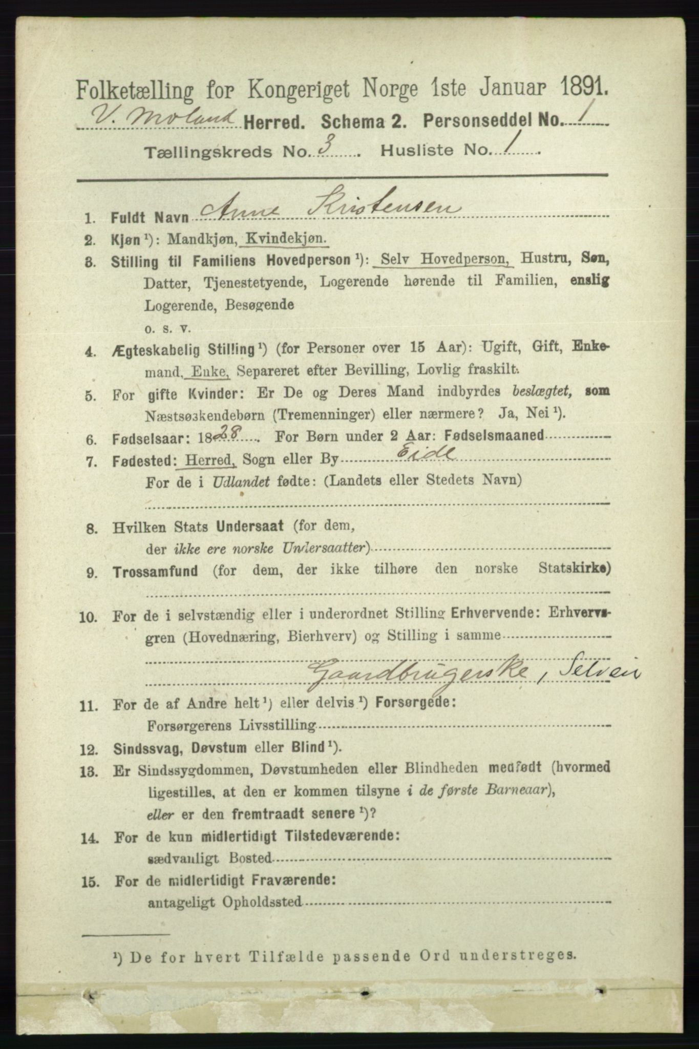 RA, 1891 census for 0926 Vestre Moland, 1891, p. 957