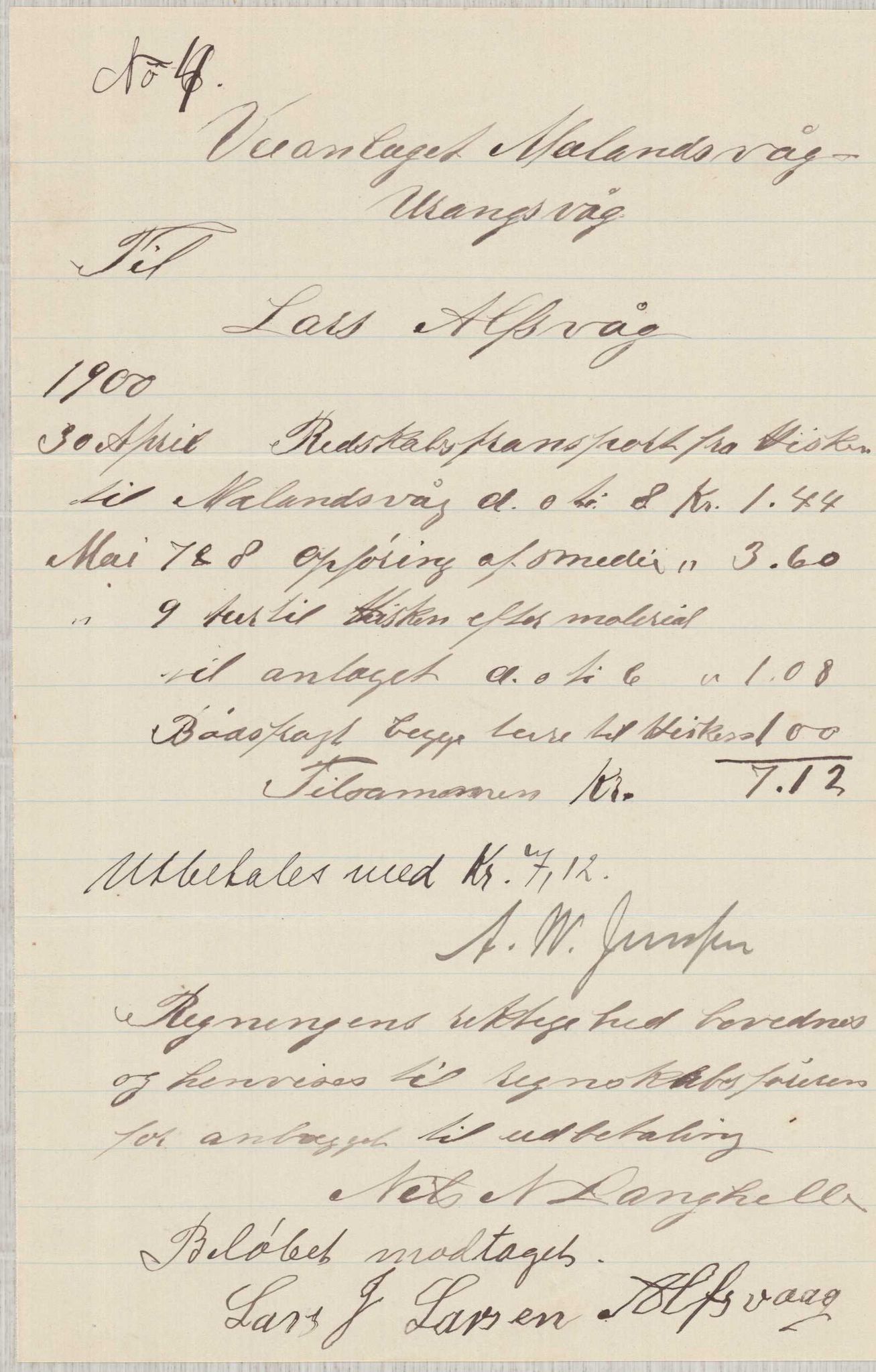 Finnaas kommune. Formannskapet, IKAH/1218a-021/E/Ea/L0002/0001: Rekneskap for veganlegg / Rekneskap for veganlegget Urangsvåg - Mælandsvåg, 1898-1900, p. 141