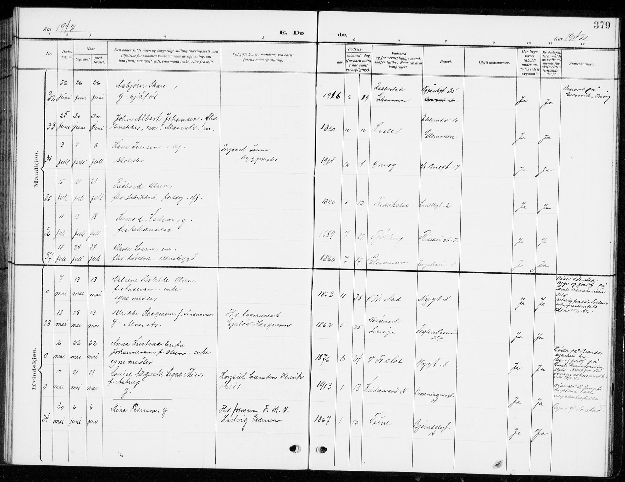 Fredrikstad domkirkes prestekontor Kirkebøker, AV/SAO-A-10906/G/Ga/L0004: Parish register (copy) no. 4, 1910-1944, p. 379