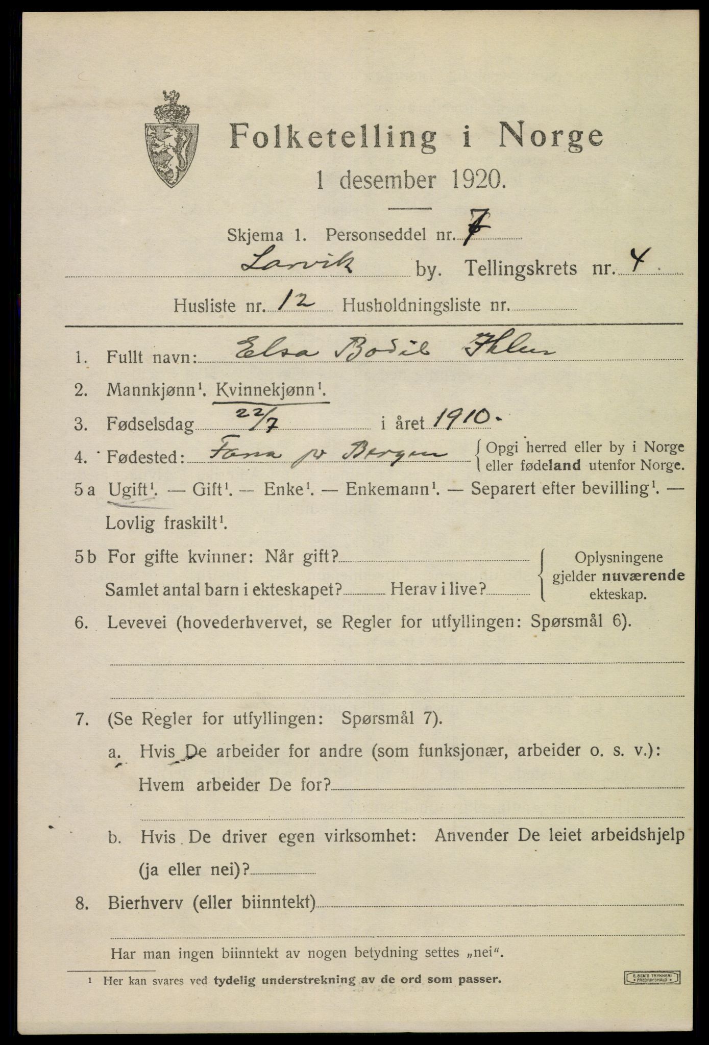 SAKO, 1920 census for Larvik, 1920, p. 13634