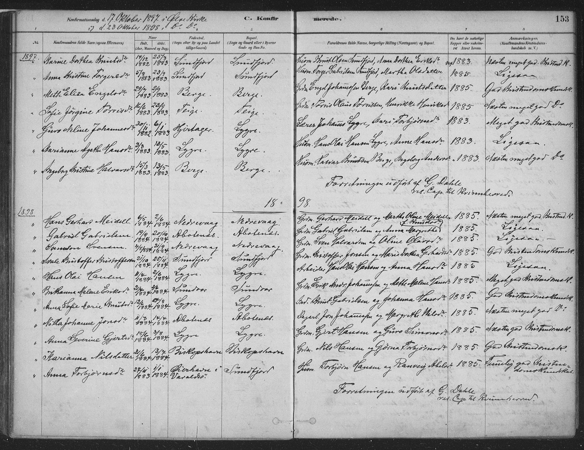 Fusa sokneprestembete, SAB/A-75401/H/Haa: Parish register (official) no. D 1, 1880-1938, p. 153