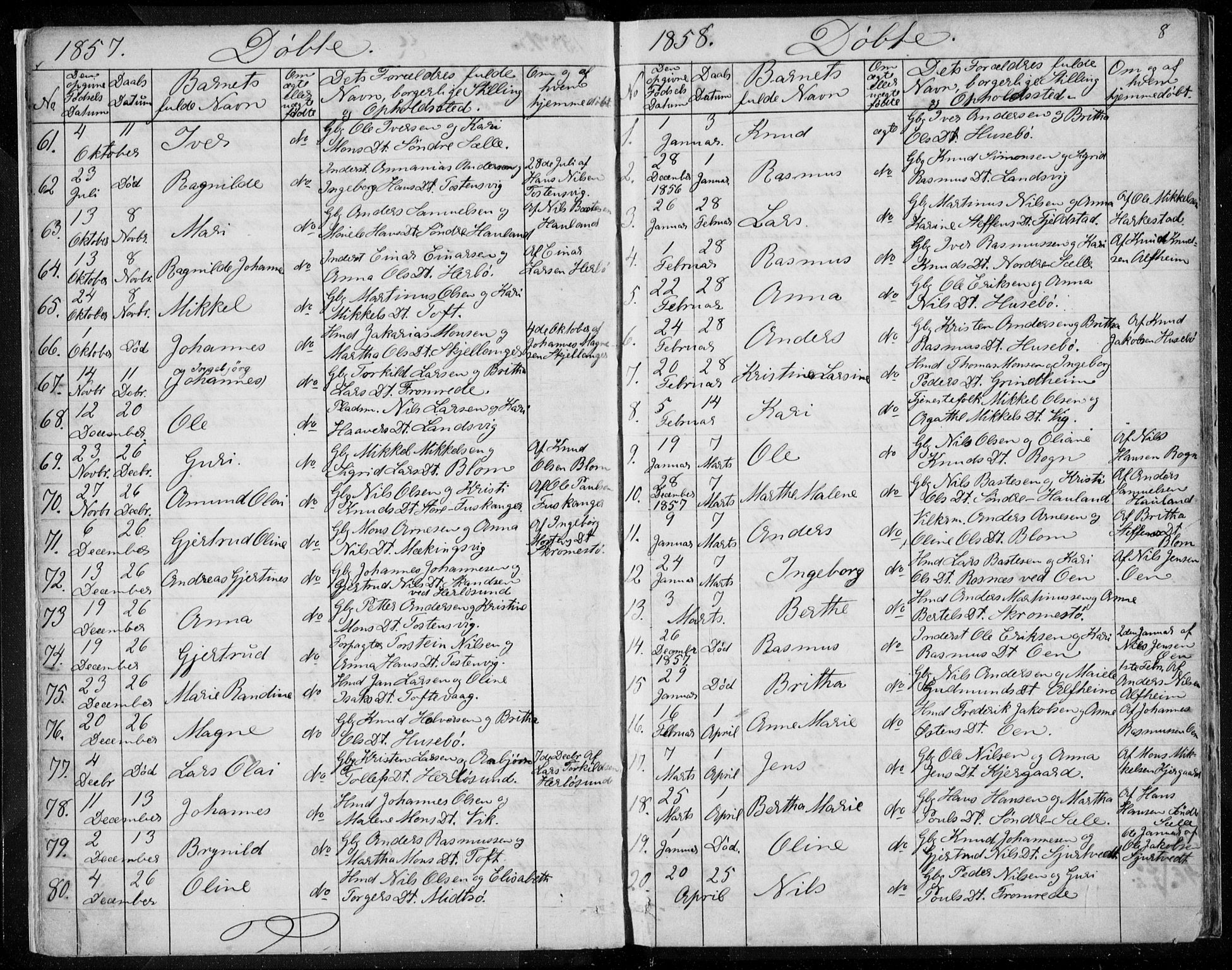 Herdla Sokneprestembete, SAB/A-75701/H/Haa: Parish register (official) no. A 1, 1855-1869, p. 8