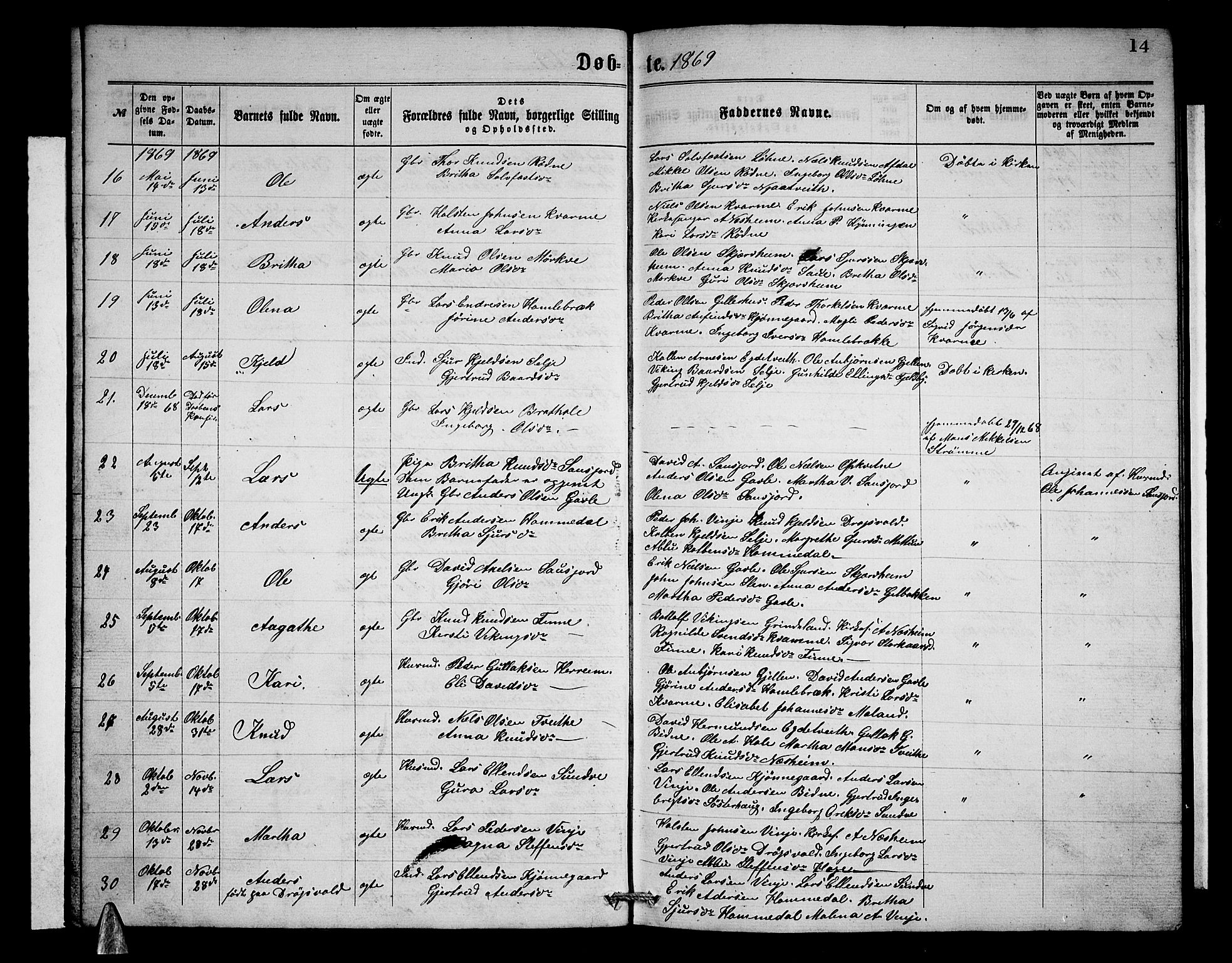 Vossestrand Sokneprestembete, SAB/A-79101/H/Hab: Parish register (copy) no. B 2, 1865-1879, p. 14