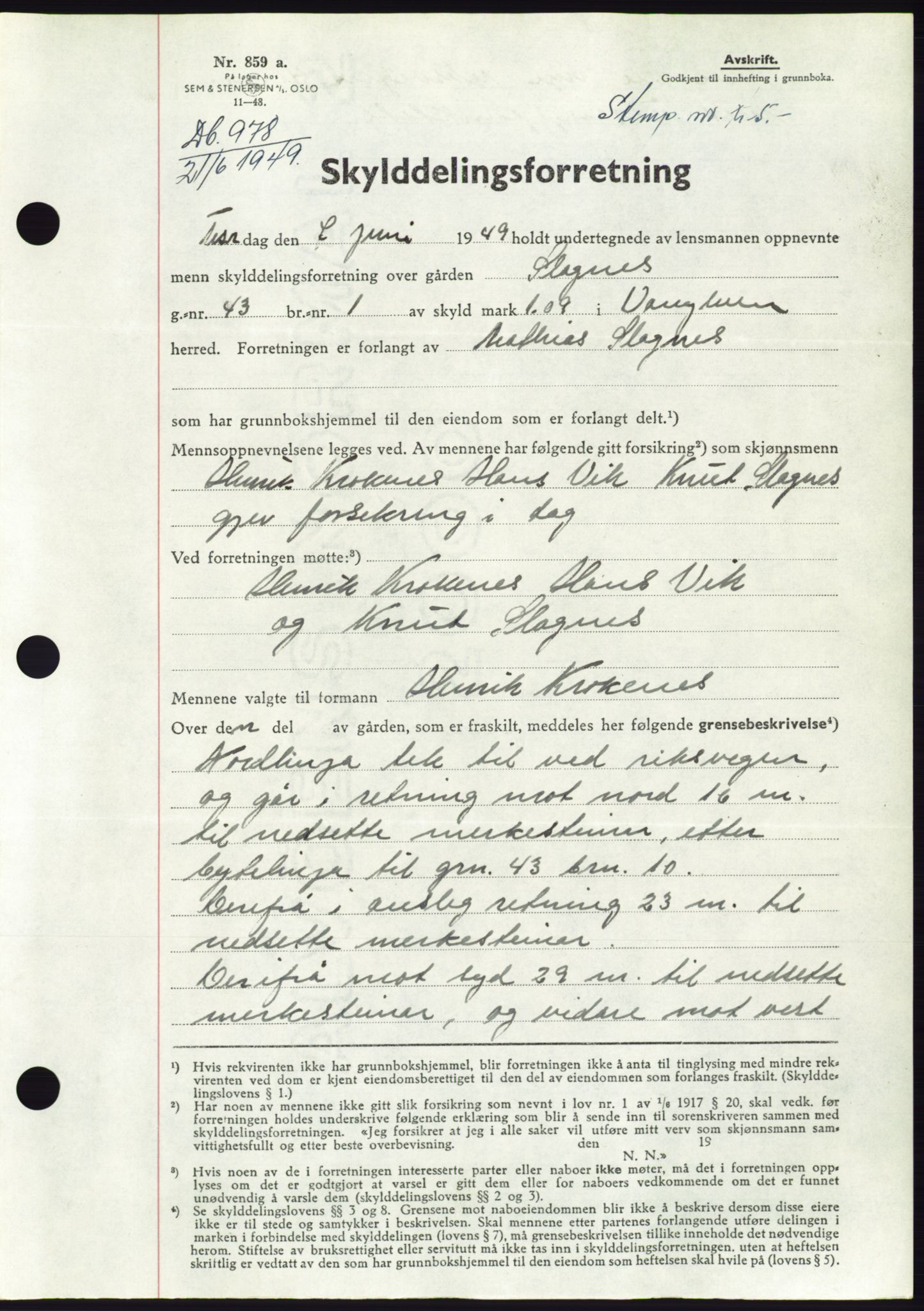 Søre Sunnmøre sorenskriveri, AV/SAT-A-4122/1/2/2C/L0084: Mortgage book no. 10A, 1949-1949, Diary no: : 978/1949