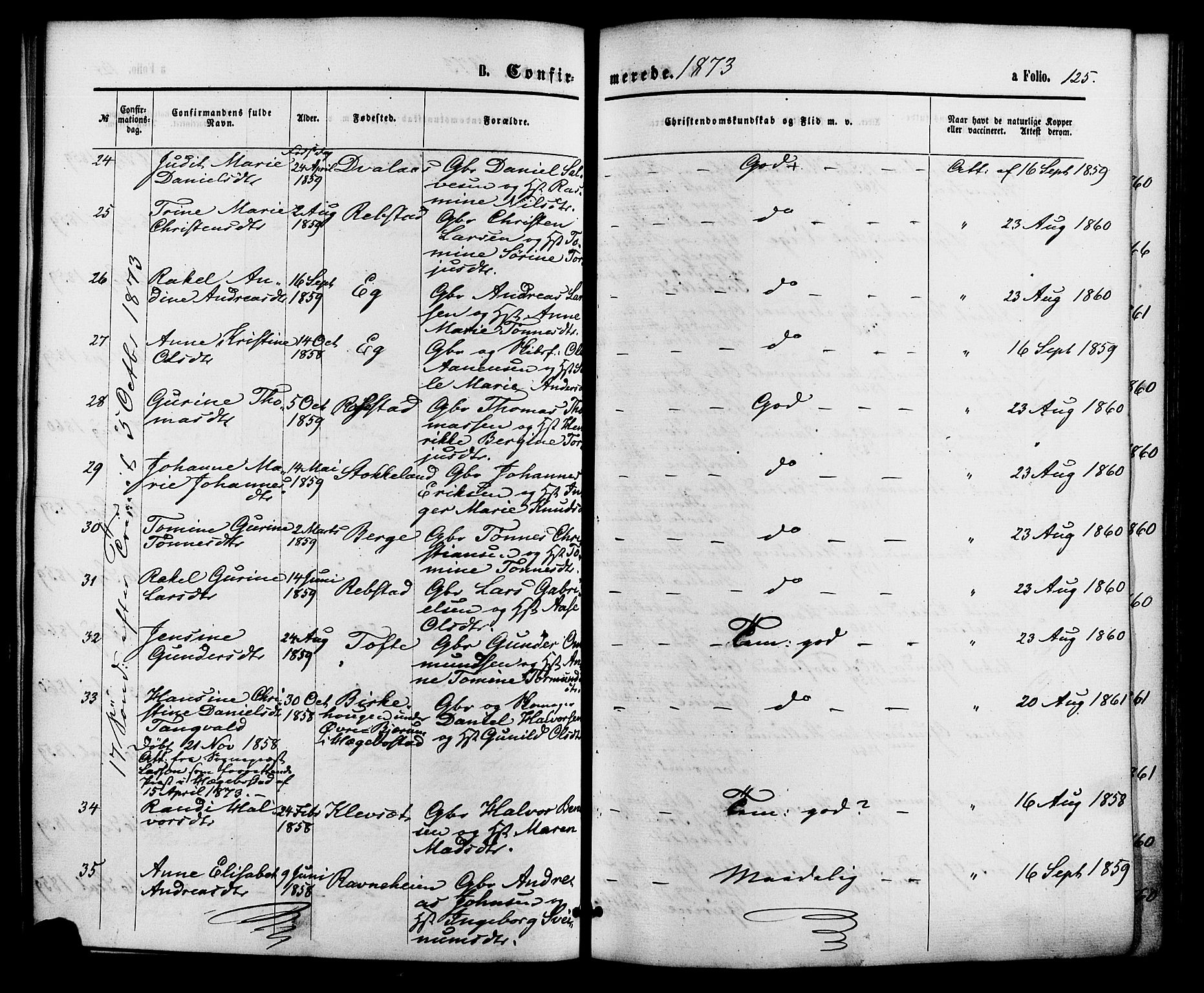 Søgne sokneprestkontor, AV/SAK-1111-0037/F/Fa/Fab/L0011: Parish register (official) no. A 11, 1869-1879, p. 125