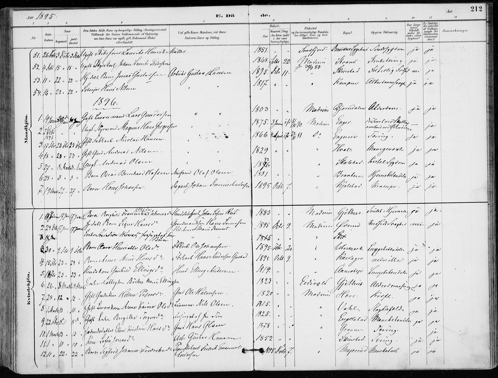 Modum kirkebøker, AV/SAKO-A-234/F/Fa/L0012: Parish register (official) no. 12, 1890-1898, p. 212