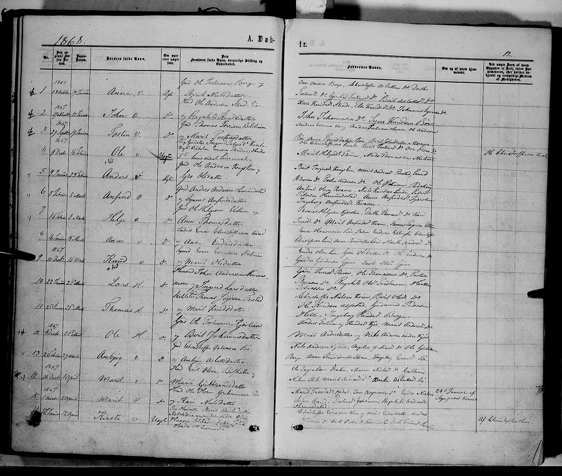 Vang prestekontor, Valdres, AV/SAH-PREST-140/H/Ha/L0007: Parish register (official) no. 7, 1865-1881, p. 12