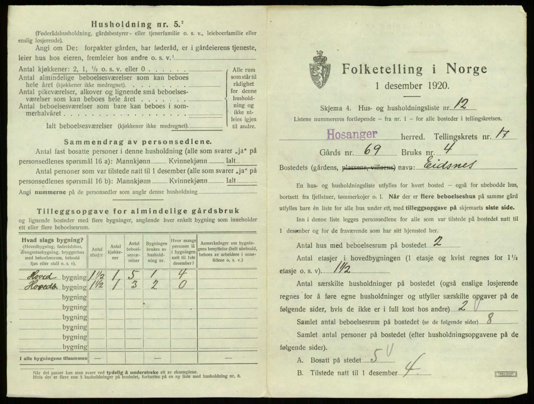 SAB, 1920 census for Hosanger, 1920, p. 907