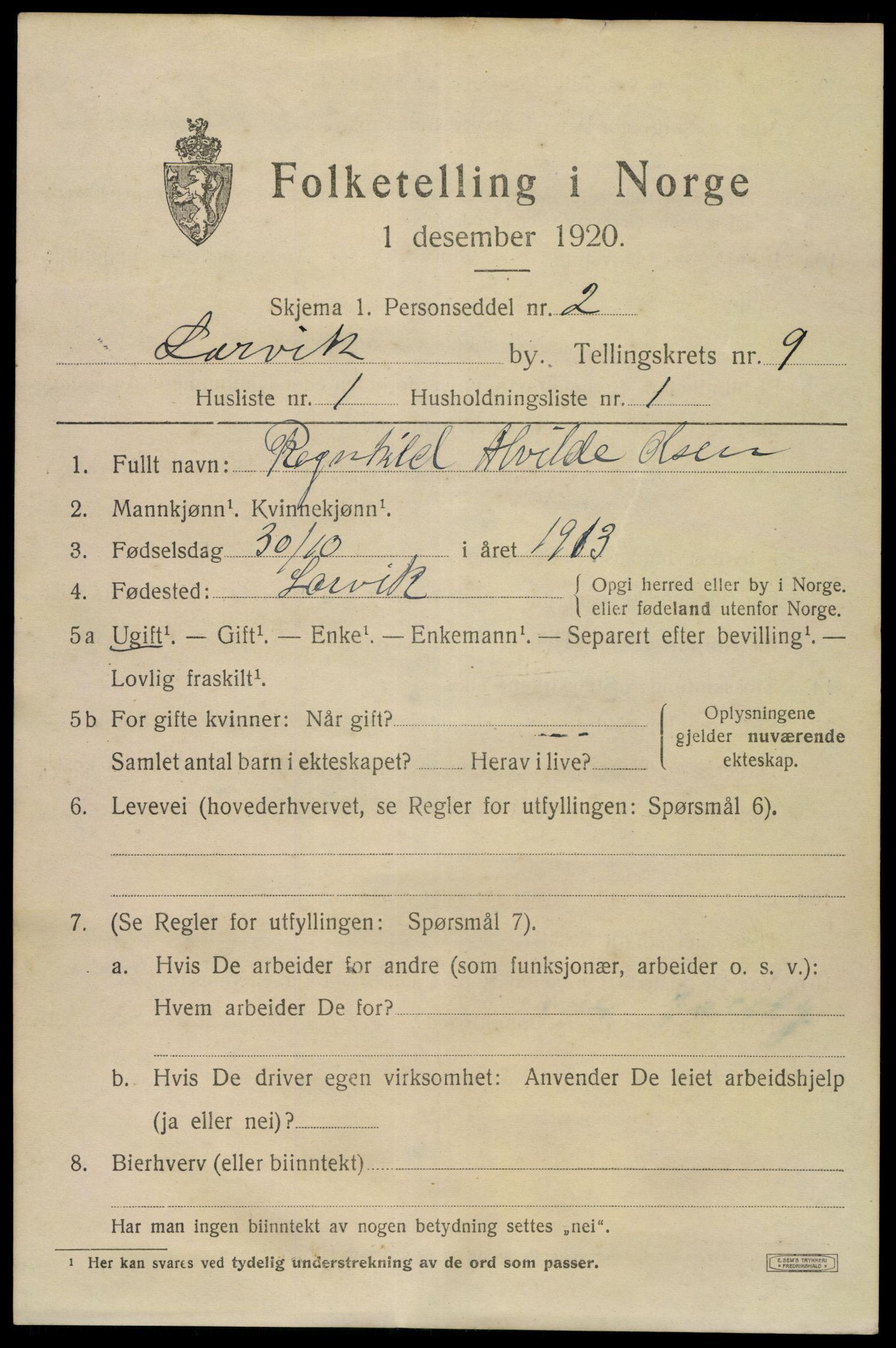 SAKO, 1920 census for Larvik, 1920, p. 24514