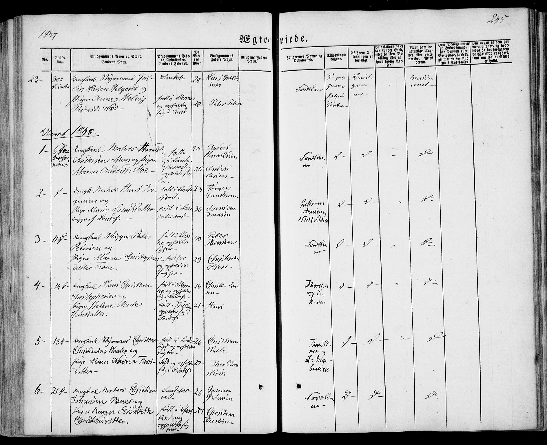 Sandar kirkebøker, SAKO/A-243/F/Fa/L0006: Parish register (official) no. 6, 1847-1860, p. 245