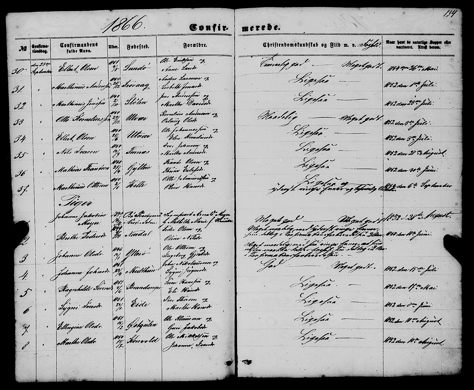 Gulen sokneprestembete, AV/SAB-A-80201/H/Haa/Haaa/L0022: Parish register (official) no. A 22, 1859-1869, p. 134