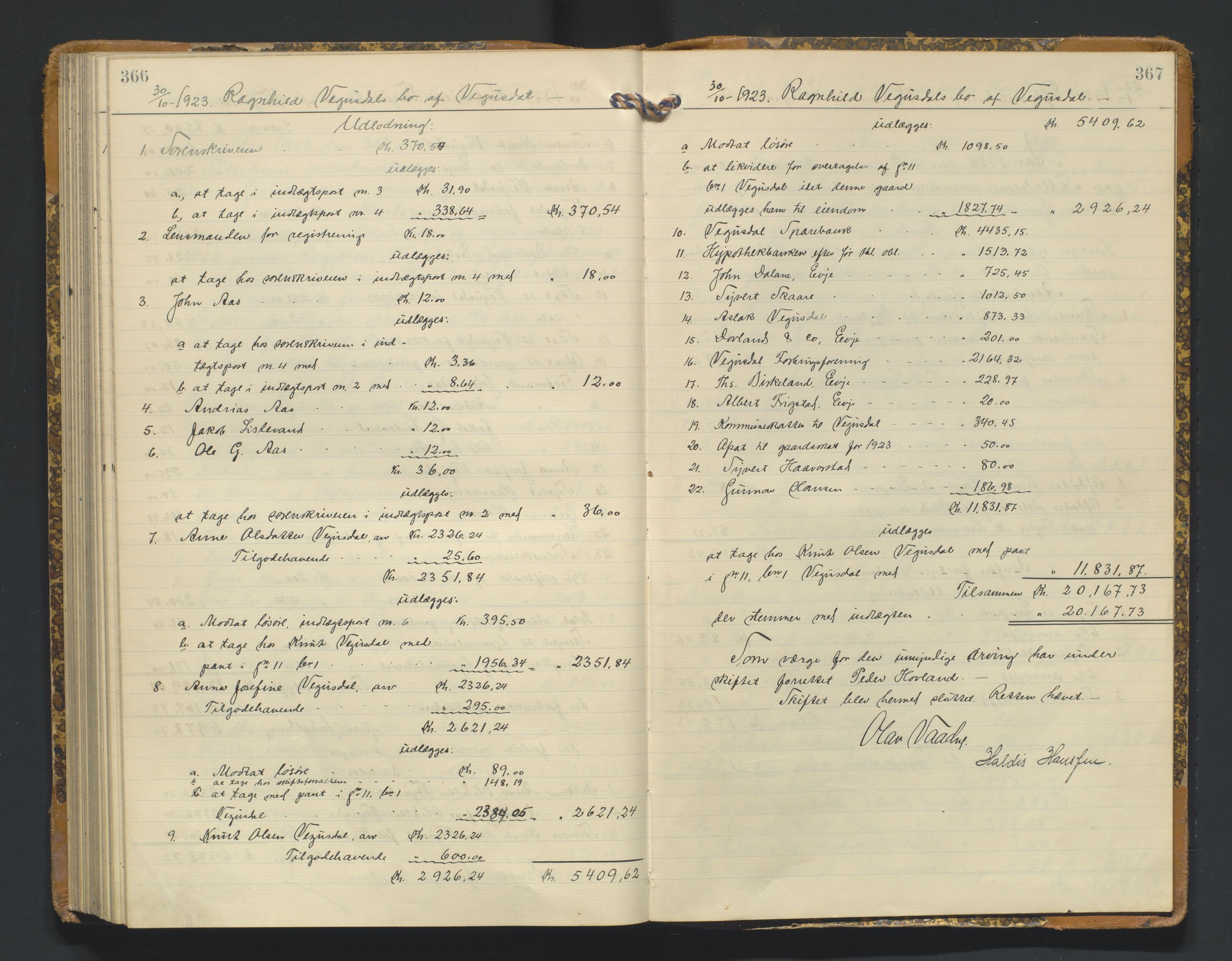 Setesdal sorenskriveri, SAK/1221-0011/H/Hc/L0050: Skifteutlodningsprotokoll nr 4, med register, 1914-1924, p. 366-367