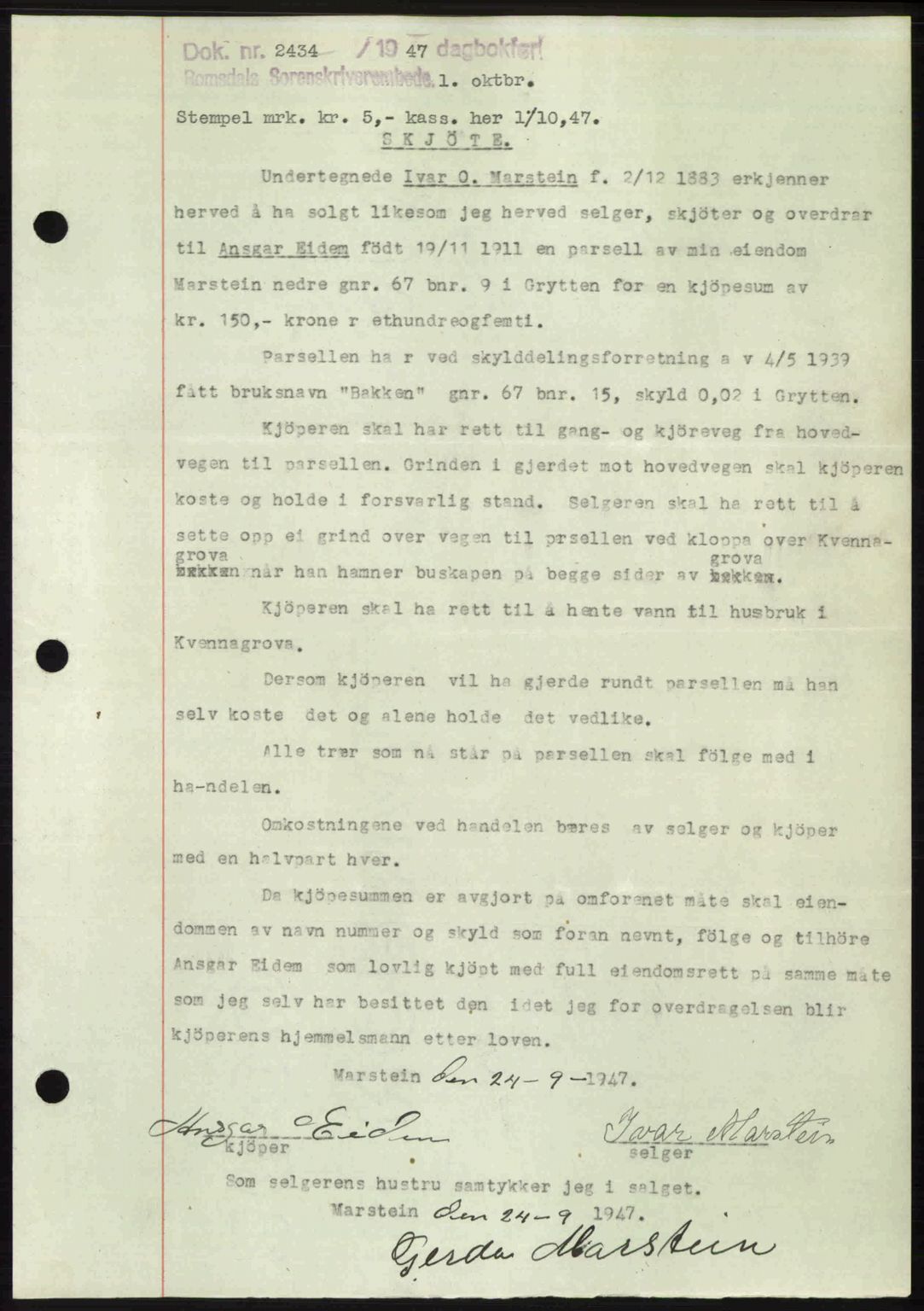 Romsdal sorenskriveri, SAT/A-4149/1/2/2C: Mortgage book no. A24, 1947-1947, Diary no: : 2434/1947