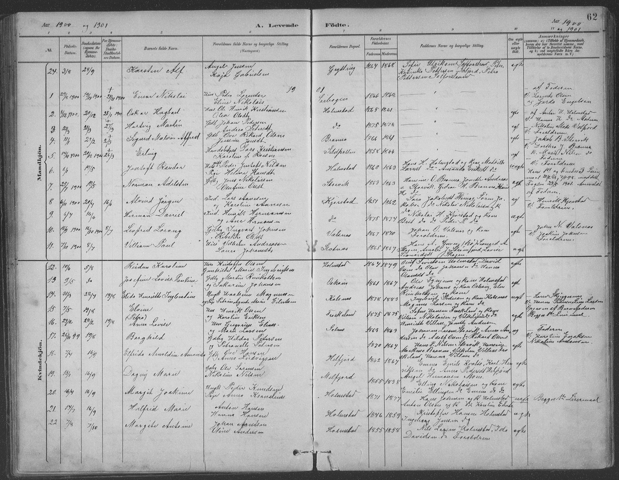 Ministerialprotokoller, klokkerbøker og fødselsregistre - Nordland, AV/SAT-A-1459/890/L1290: Parish register (copy) no. 890C01, 1882-1911, p. 62