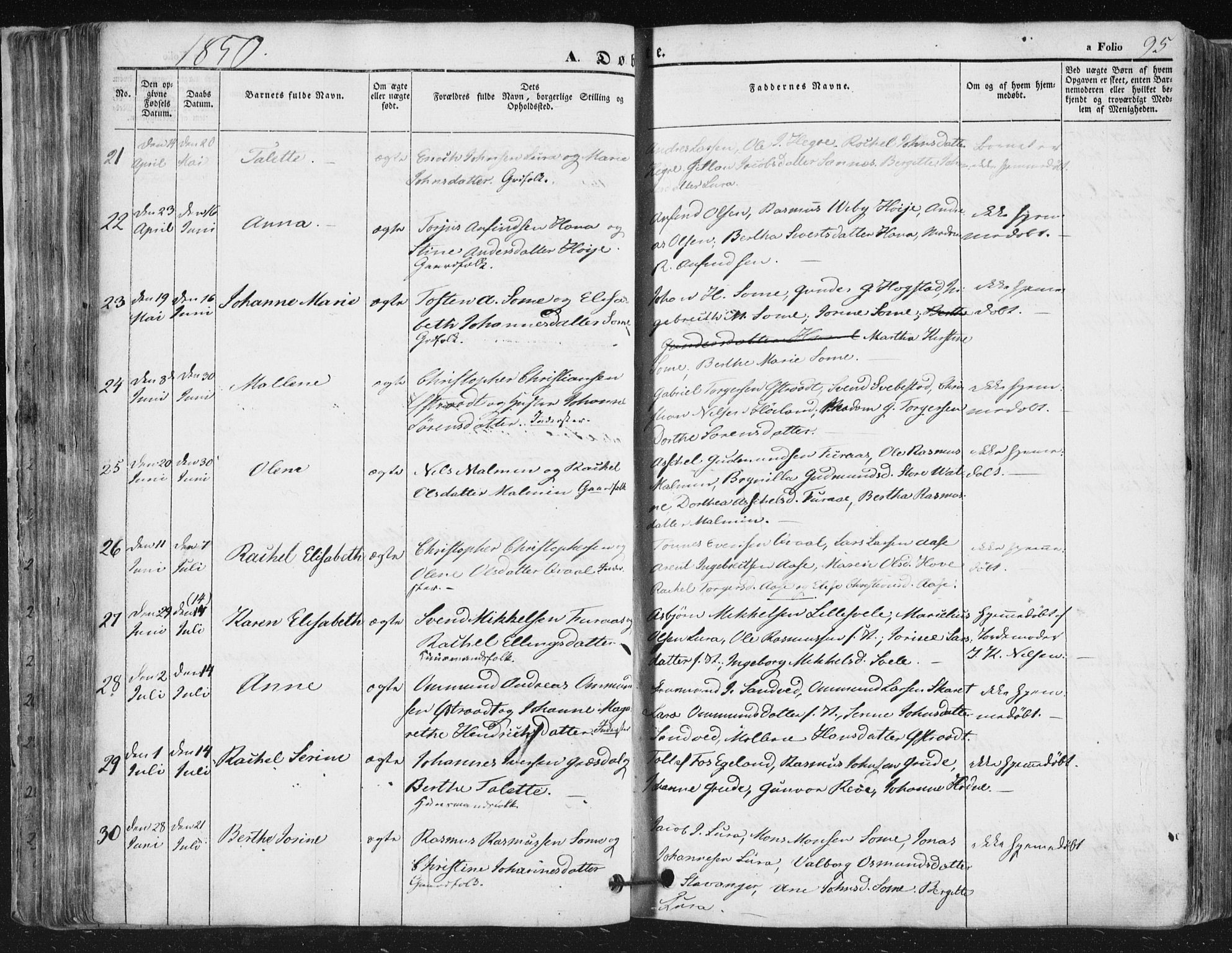 Høyland sokneprestkontor, AV/SAST-A-101799/001/30BA/L0008: Parish register (official) no. A 8, 1841-1856, p. 95