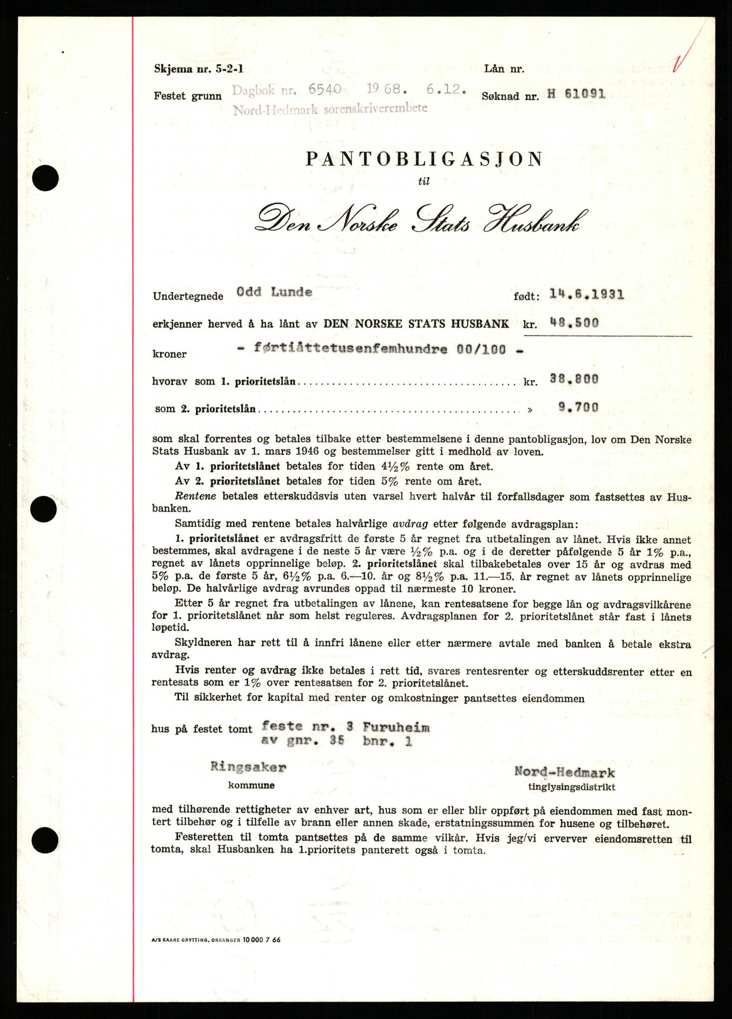 Nord-Hedmark sorenskriveri, SAH/TING-012/H/Hb/Hbf/L0077: Mortgage book no. B77, 1968-1969, Diary no: : 6540/1968