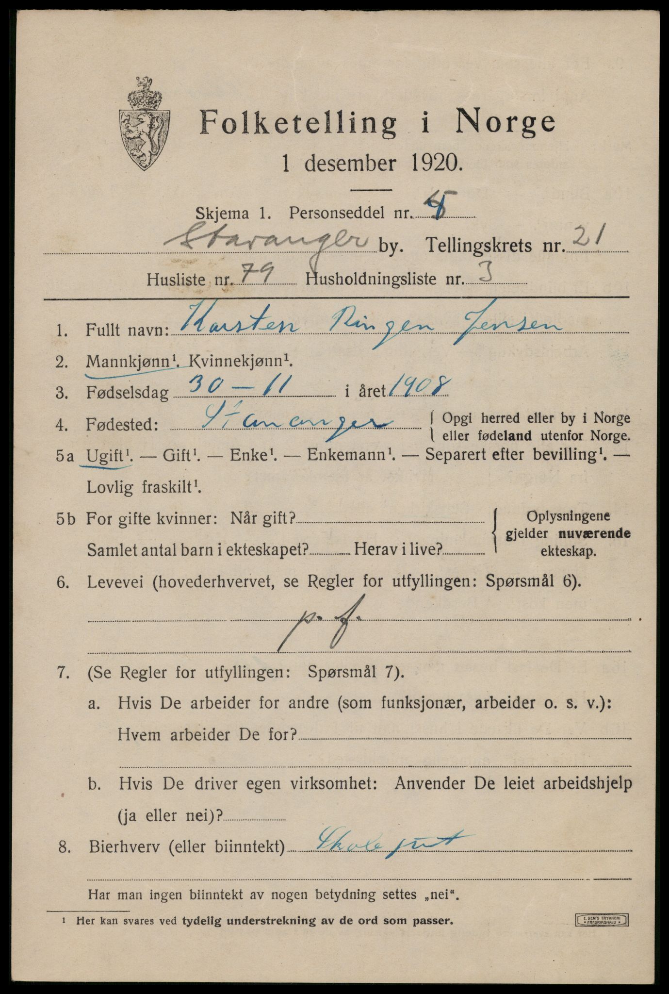 SAST, 1920 census for Stavanger, 1920, p. 73140