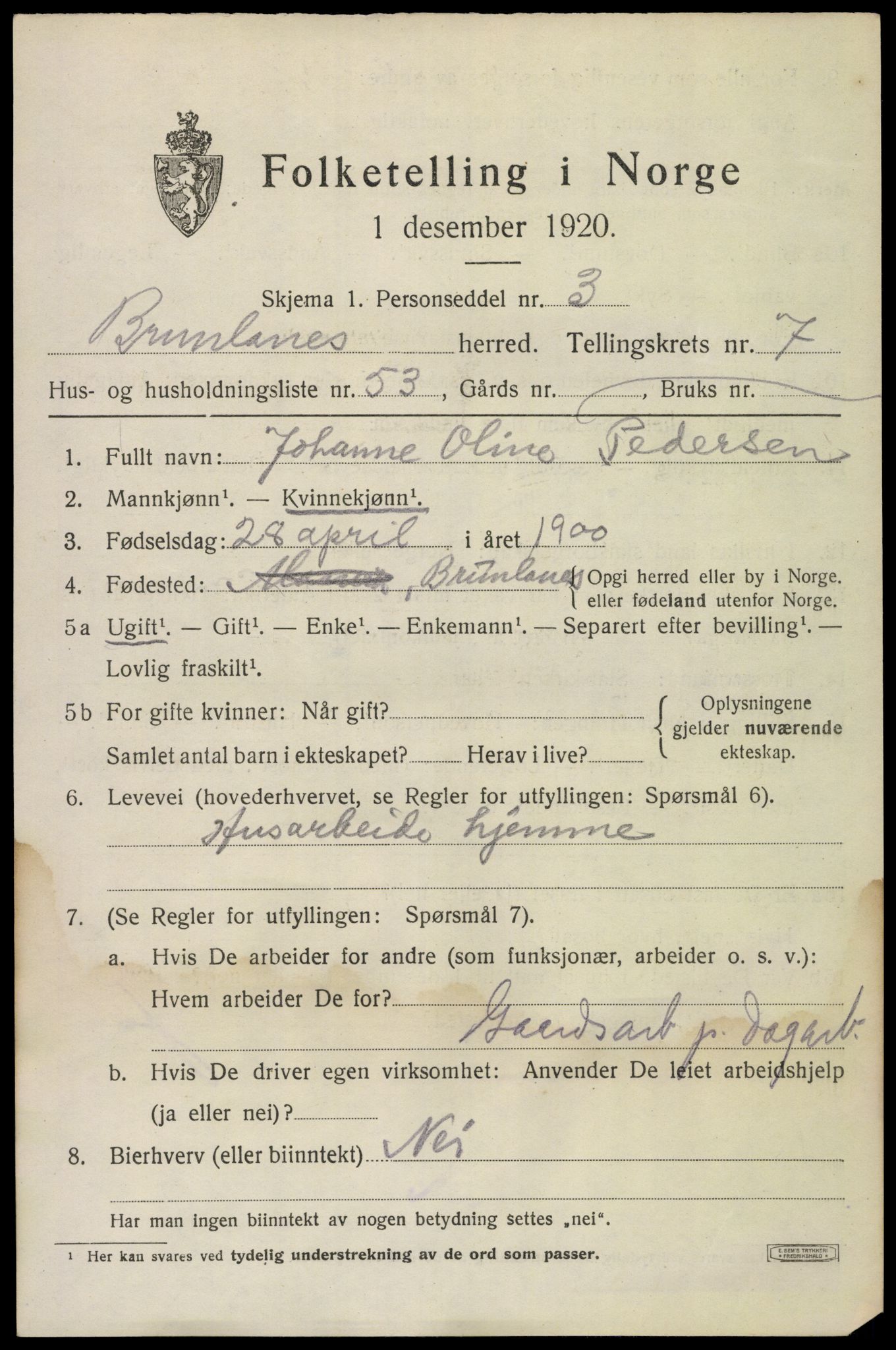 SAKO, 1920 census for Brunlanes, 1920, p. 7657