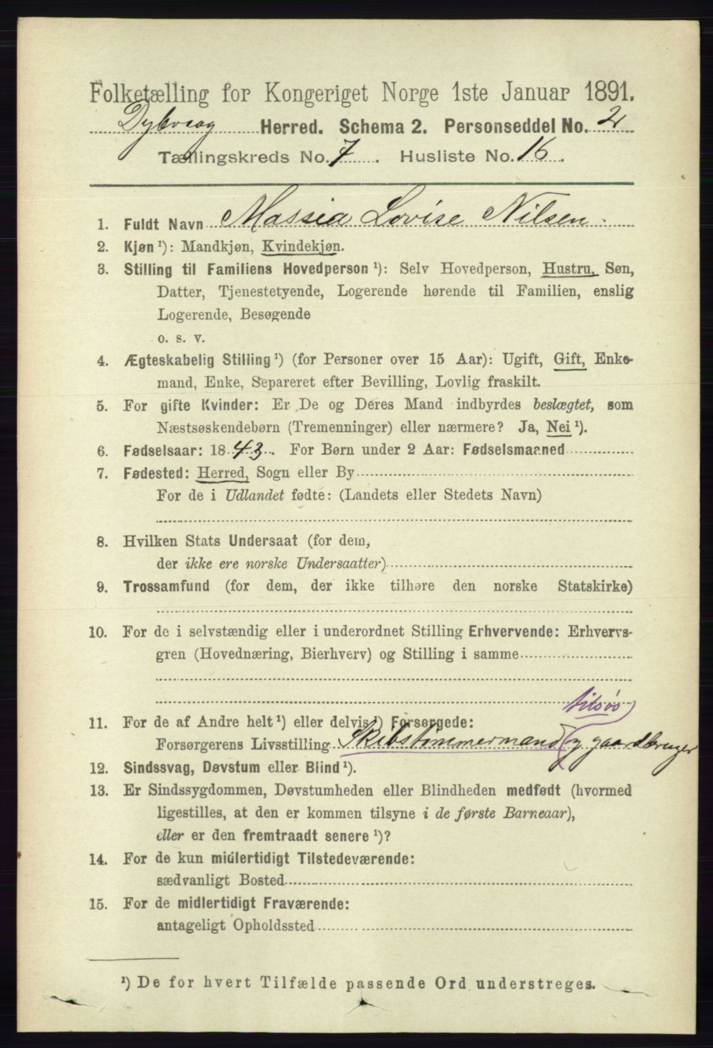 RA, 1891 census for 0915 Dypvåg, 1891, p. 2485