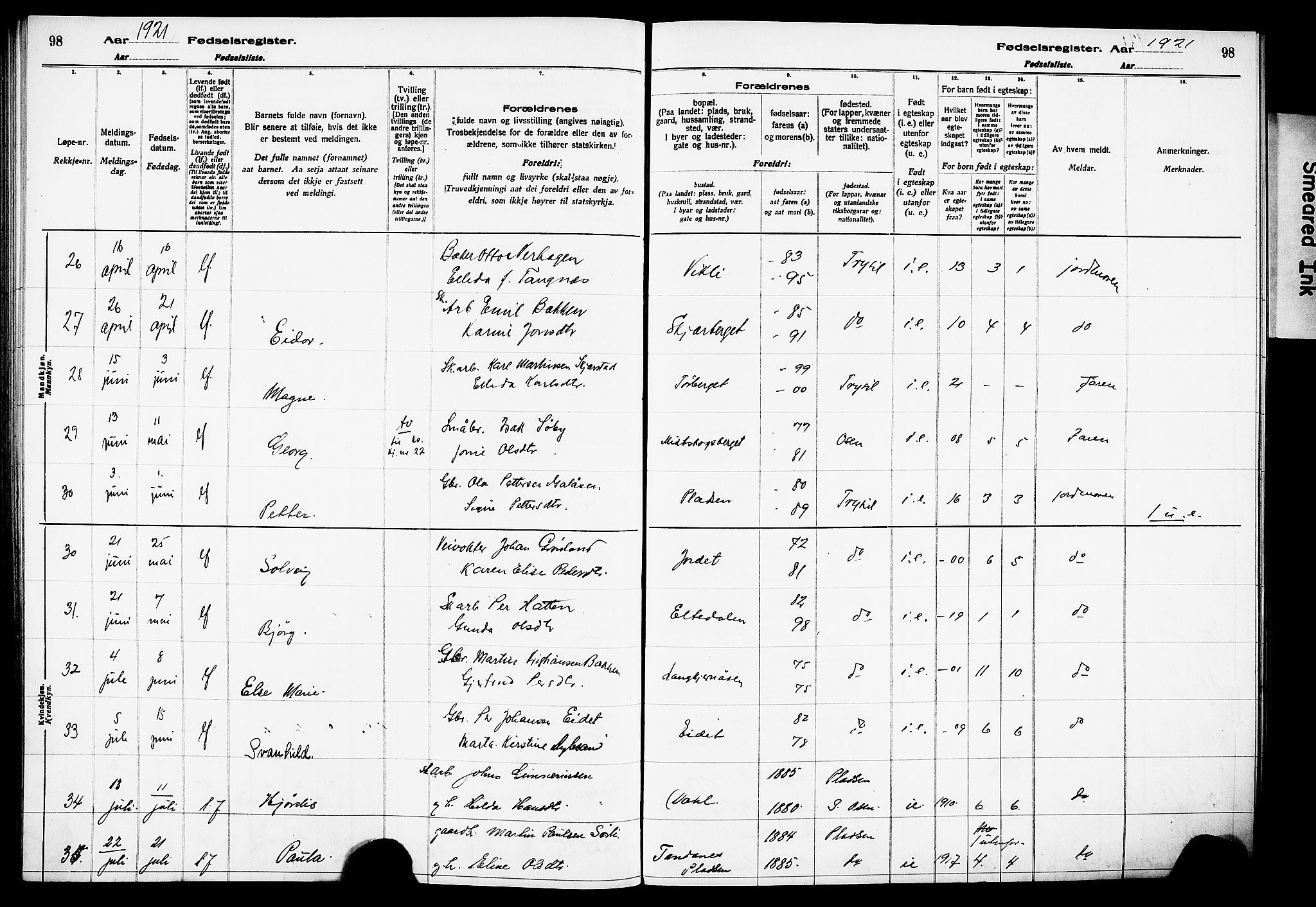 Trysil prestekontor, AV/SAH-PREST-046/I/Id/Ida/L0001: Birth register no. I 1, 1916-1927, p. 98