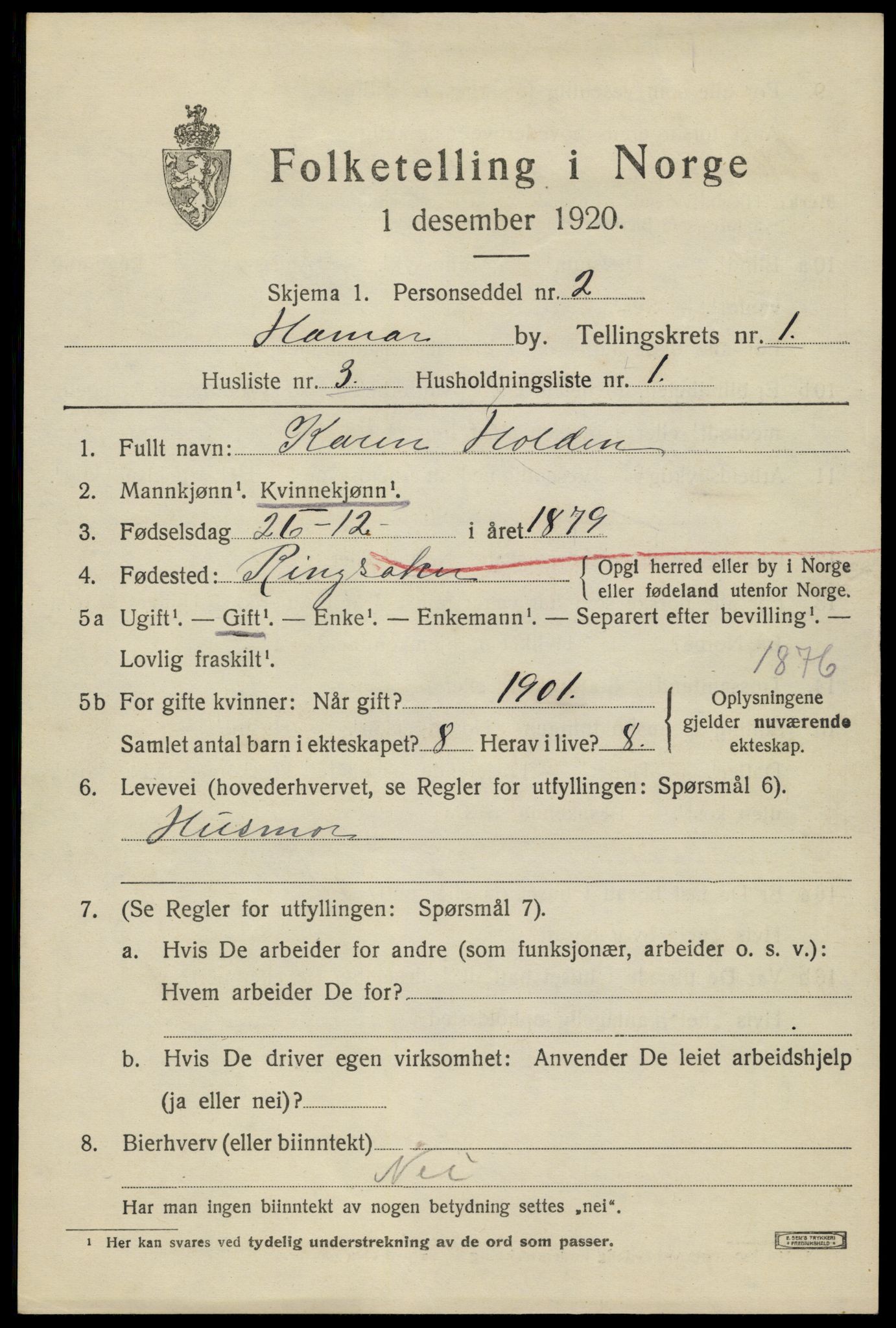 SAH, 1920 census for Hamar, 1920, p. 4179